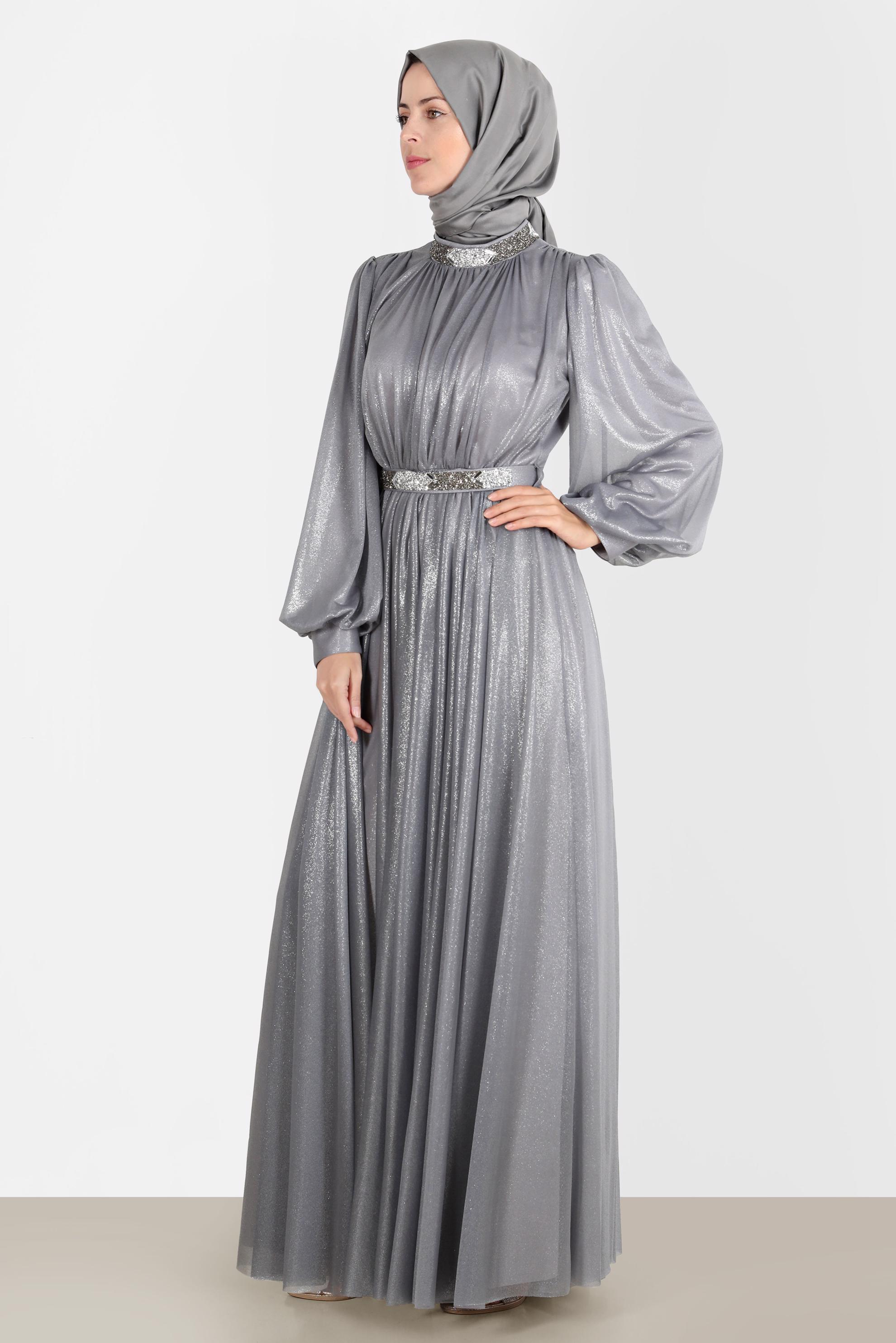 Tesettür giyim GRİ TAŞLI FOİL ABİYE 50223	