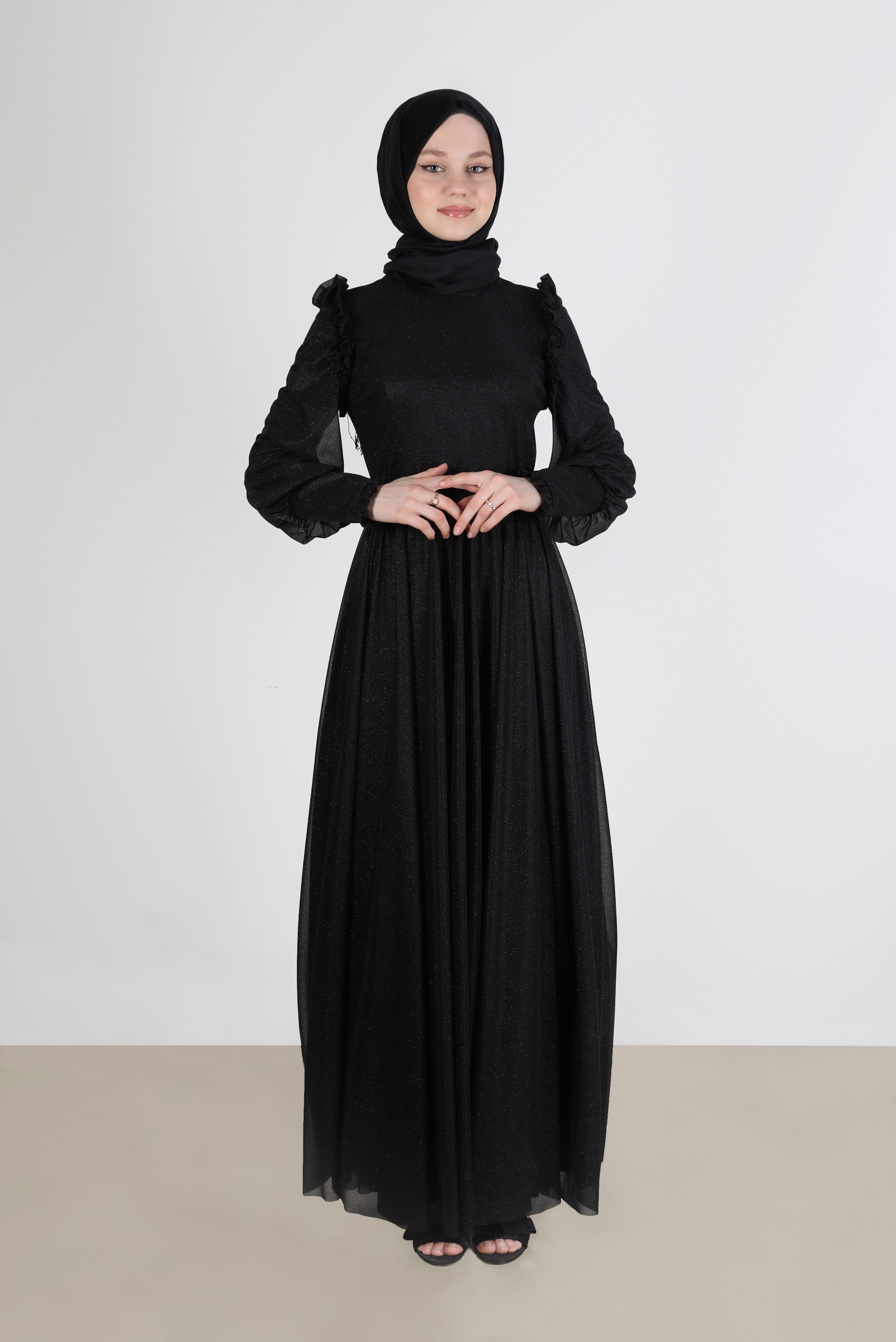 Tesettür giyim SİYAH FIRFIR DETAYLI SİMLİ ABİYE ELBİSE 50224