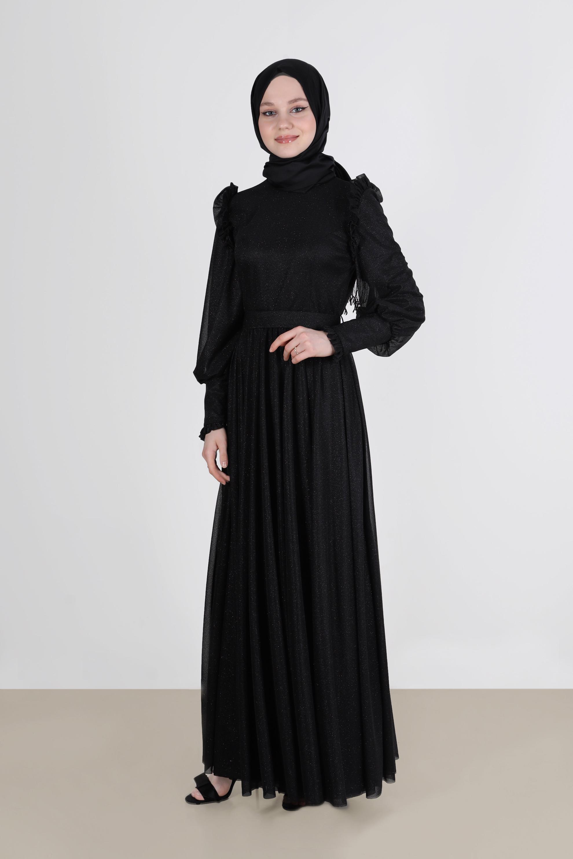 Tesettür giyim SİYAH FIRFIR DETAYLI SİMLİ ABİYE ELBİSE 50224