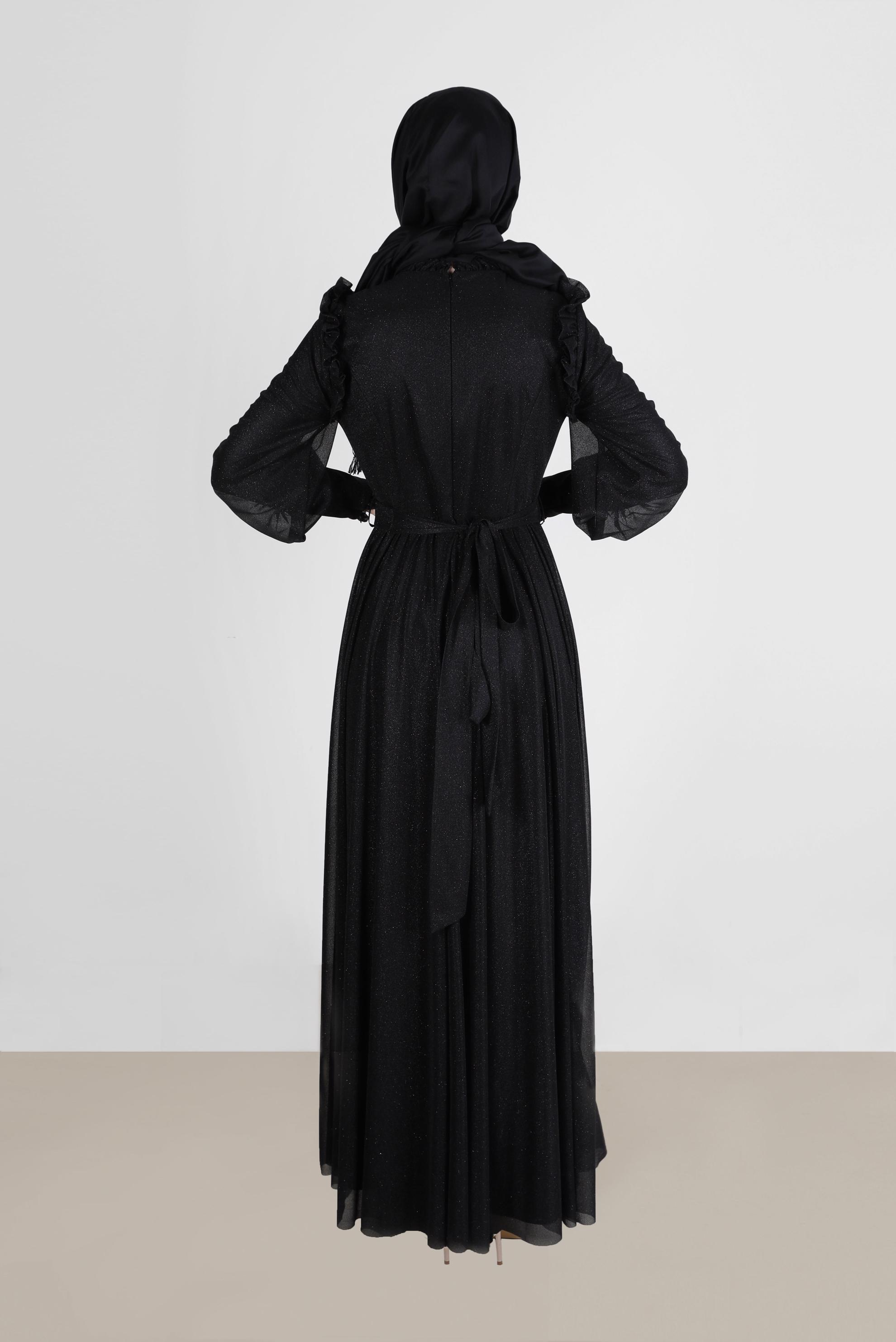 Tesettür giyim SİYAH FIRFIR DETAYLI SİMLİ ABİYE ELBİSE 50224