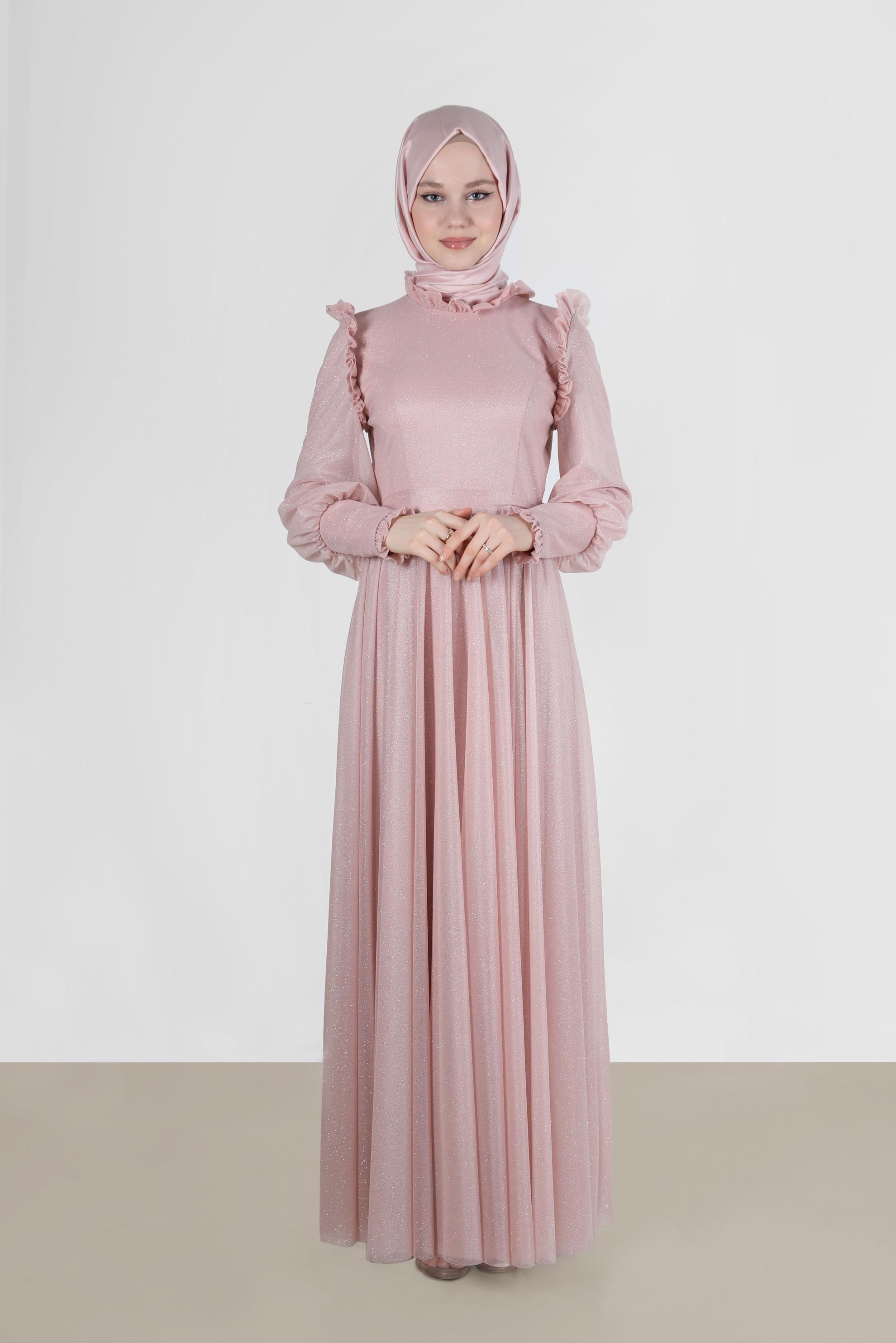 Tesettür giyim PUDRA FIRFIR DETAYLI SİMLİ ABİYE ELBİSE 50224