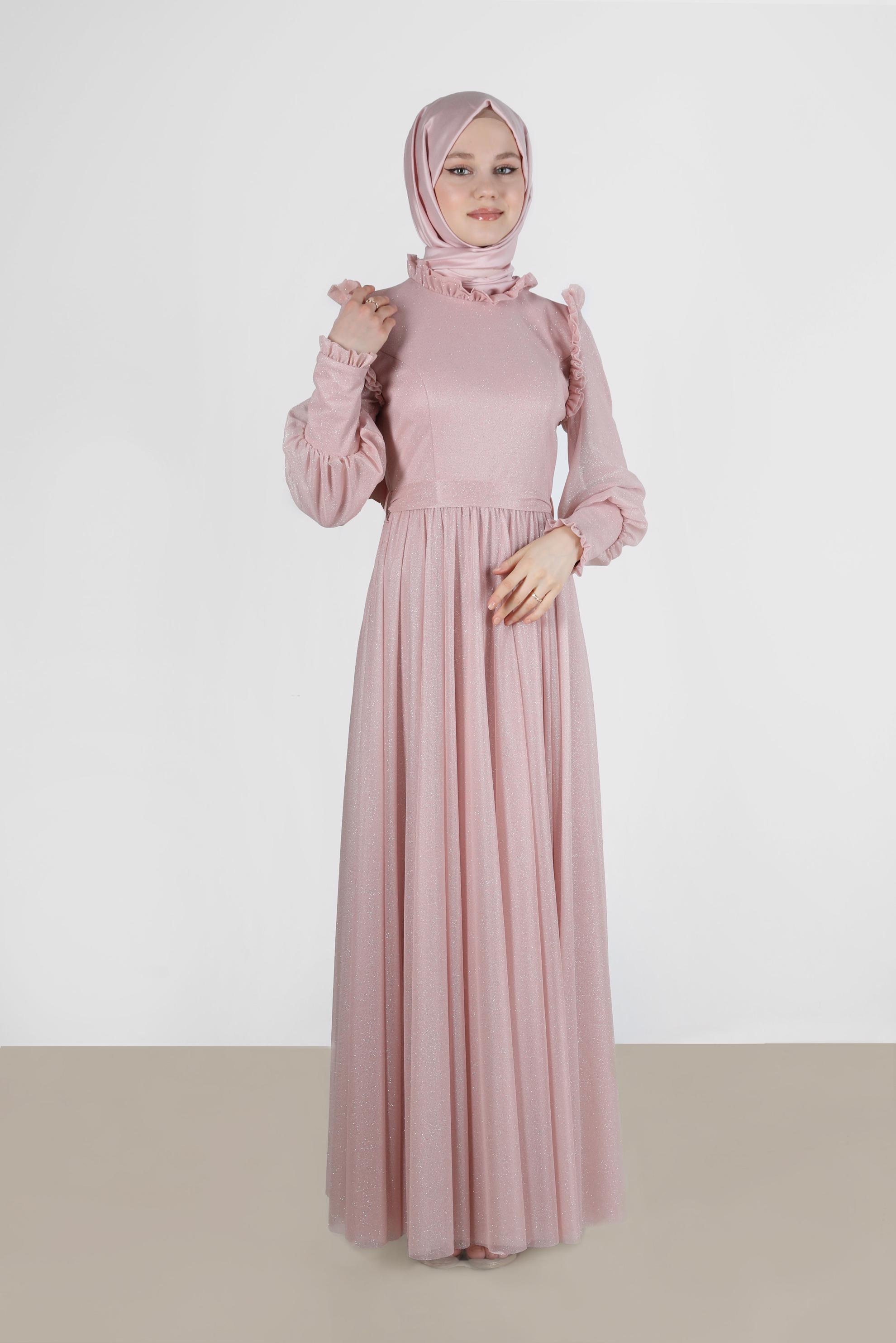 Tesettür giyim PUDRA FIRFIR DETAYLI SİMLİ ABİYE ELBİSE 50224