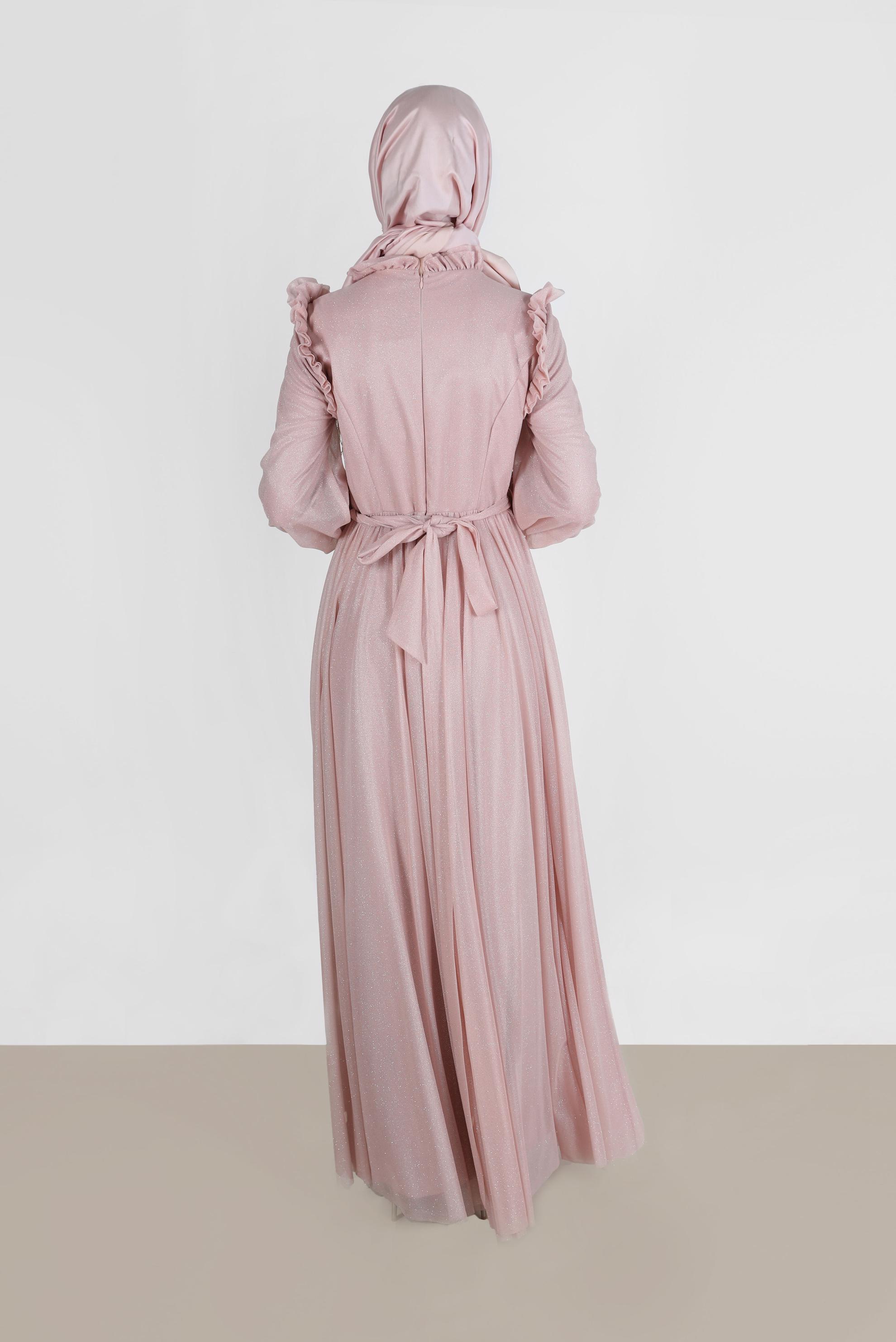 Tesettür giyim PUDRA FIRFIR DETAYLI SİMLİ ABİYE ELBİSE 50224