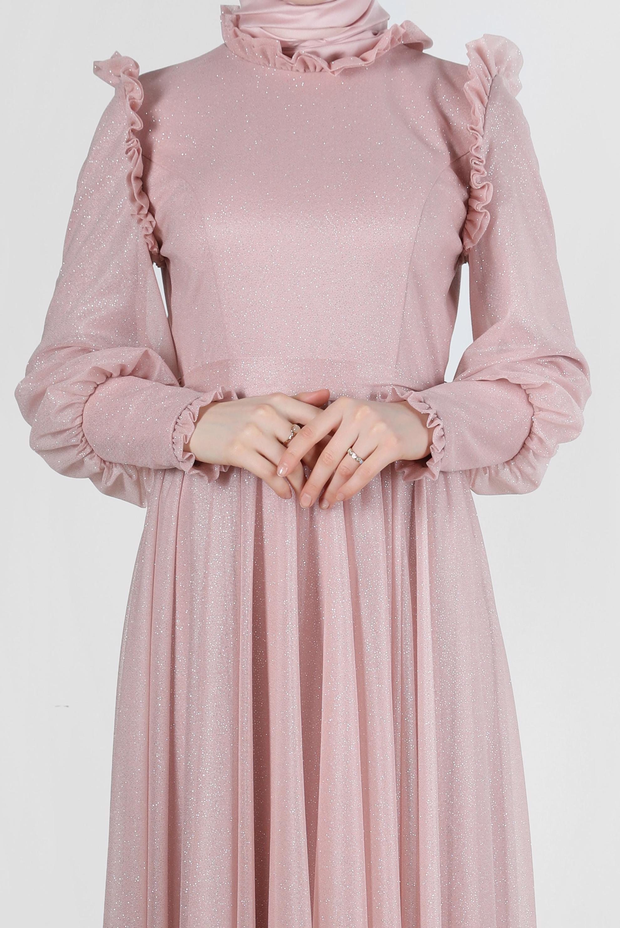 Tesettür giyim PUDRA FIRFIR DETAYLI SİMLİ ABİYE ELBİSE 50224