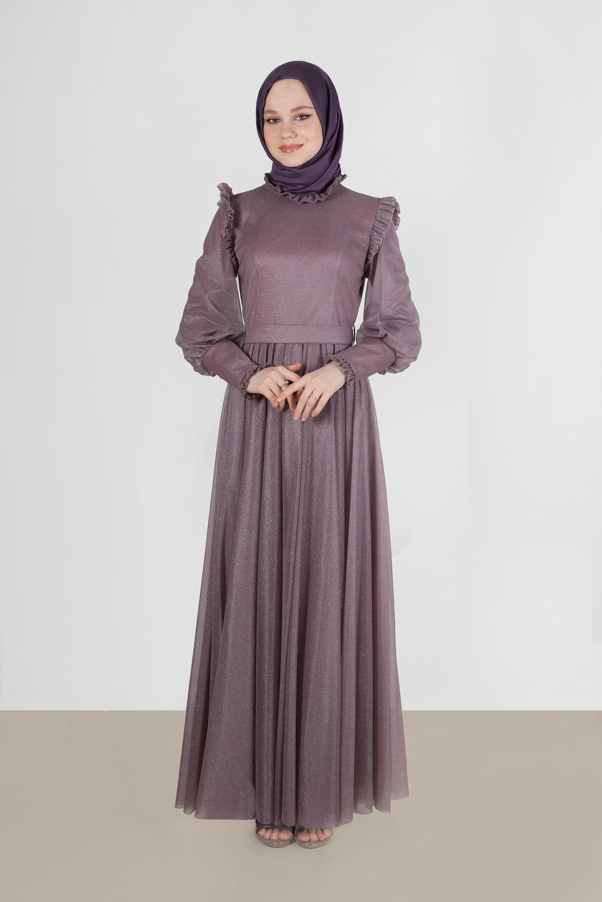 Tesettür giyim PEMBE FIRFIR DETAYLI SİMLİ ABİYE ELBİSE 50224