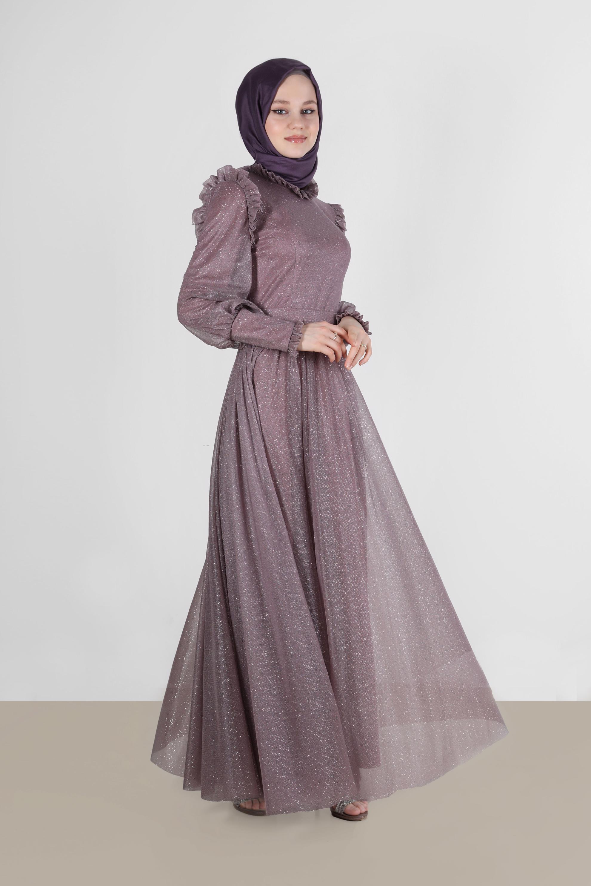 Tesettür giyim PEMBE FIRFIR DETAYLI SİMLİ ABİYE ELBİSE 50224