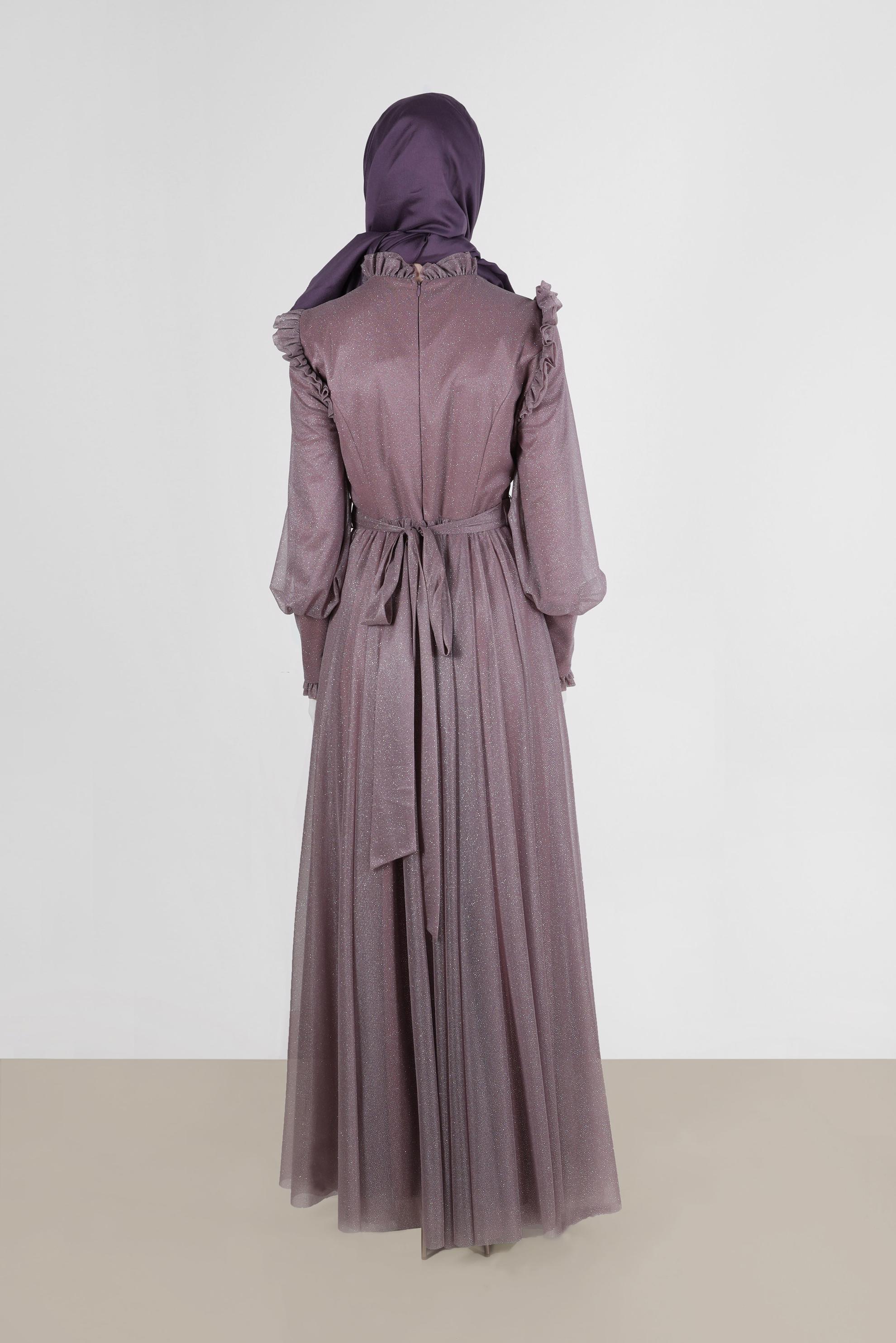 Tesettür giyim PEMBE FIRFIR DETAYLI SİMLİ ABİYE ELBİSE 50224