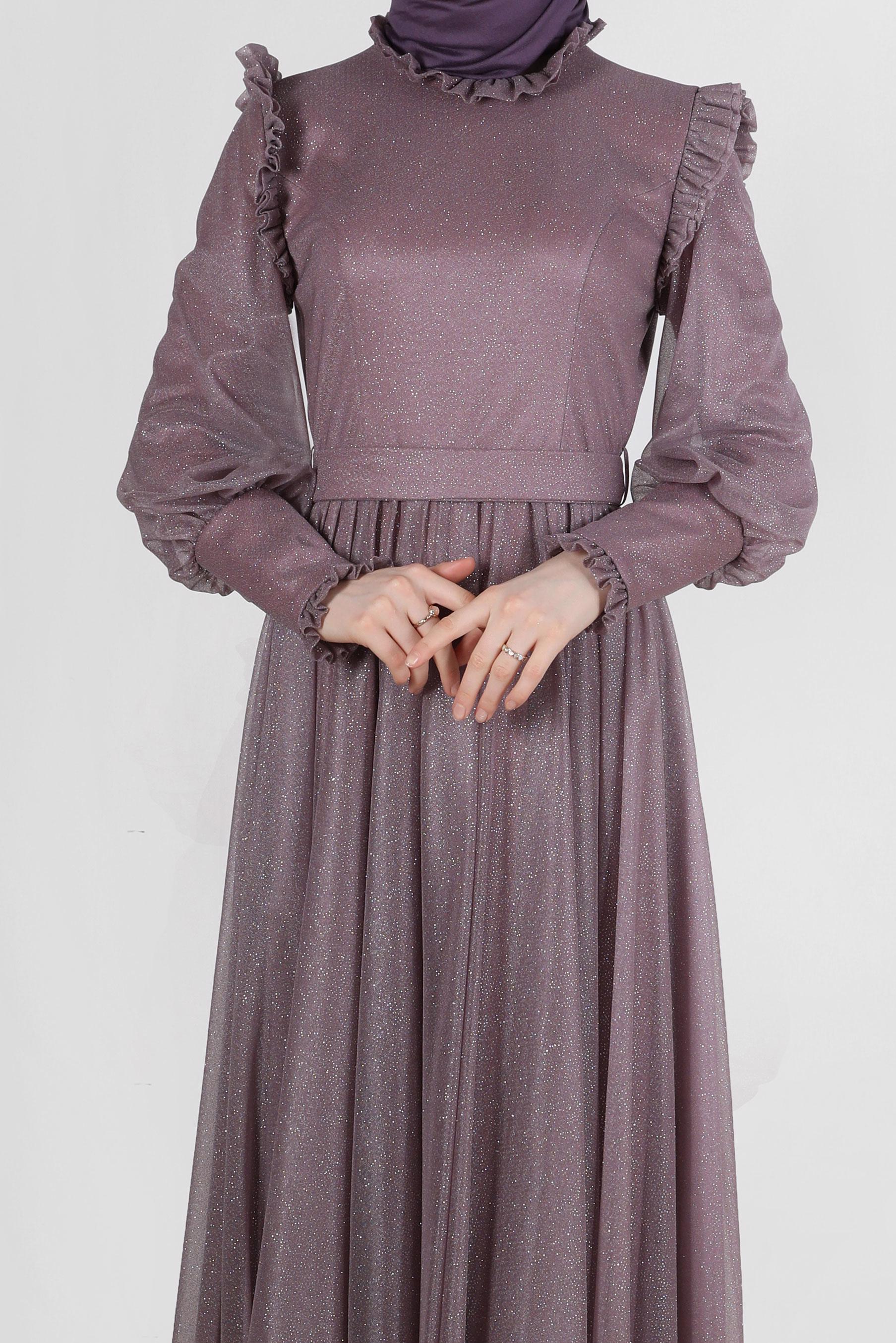 Tesettür giyim PEMBE FIRFIR DETAYLI SİMLİ ABİYE ELBİSE 50224