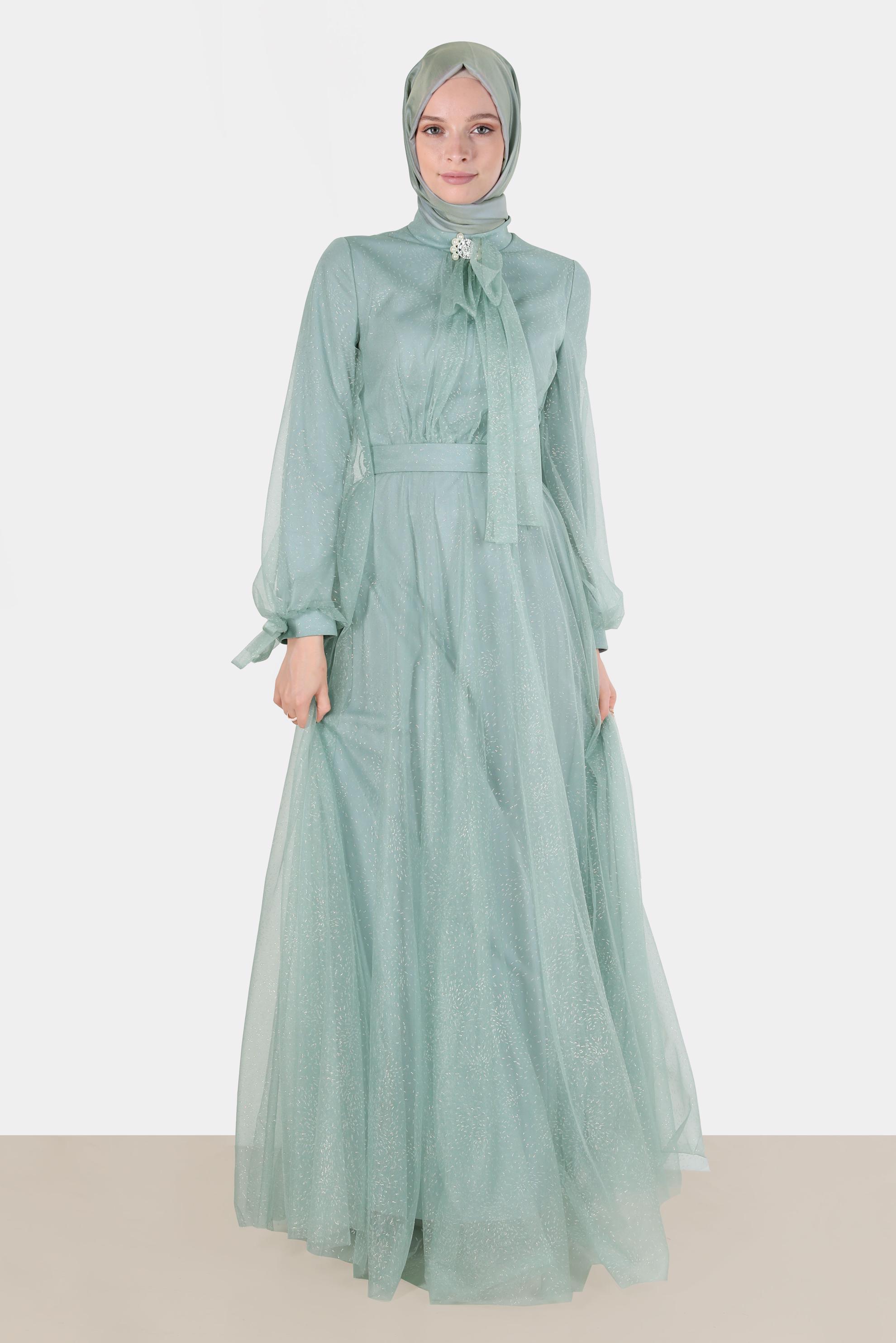 Tesettür giyim YEŞİL SİMLİ TÜLLÜ ABİYE 50225 