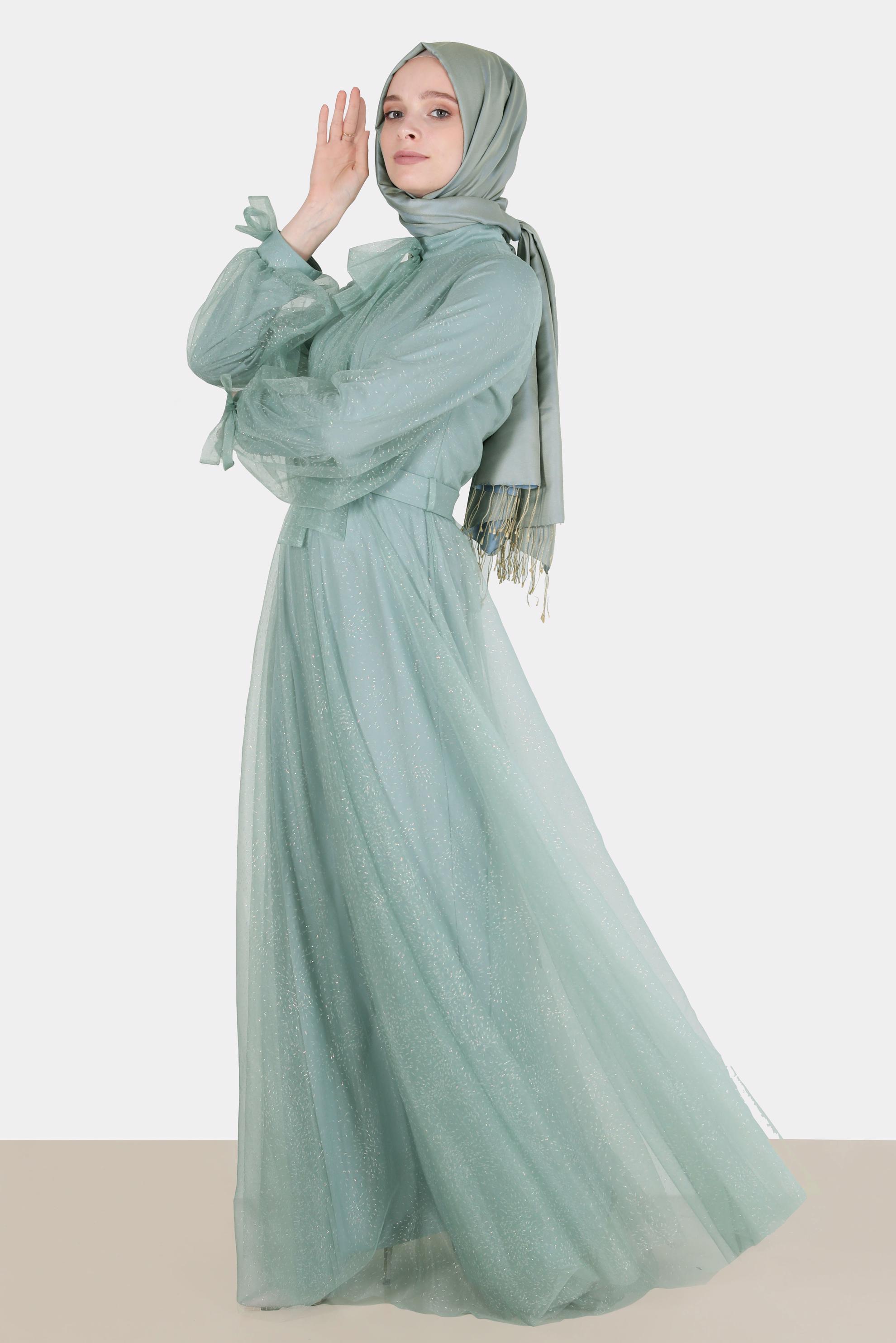 Tesettür giyim YEŞİL SİMLİ TÜLLÜ ABİYE 50225 