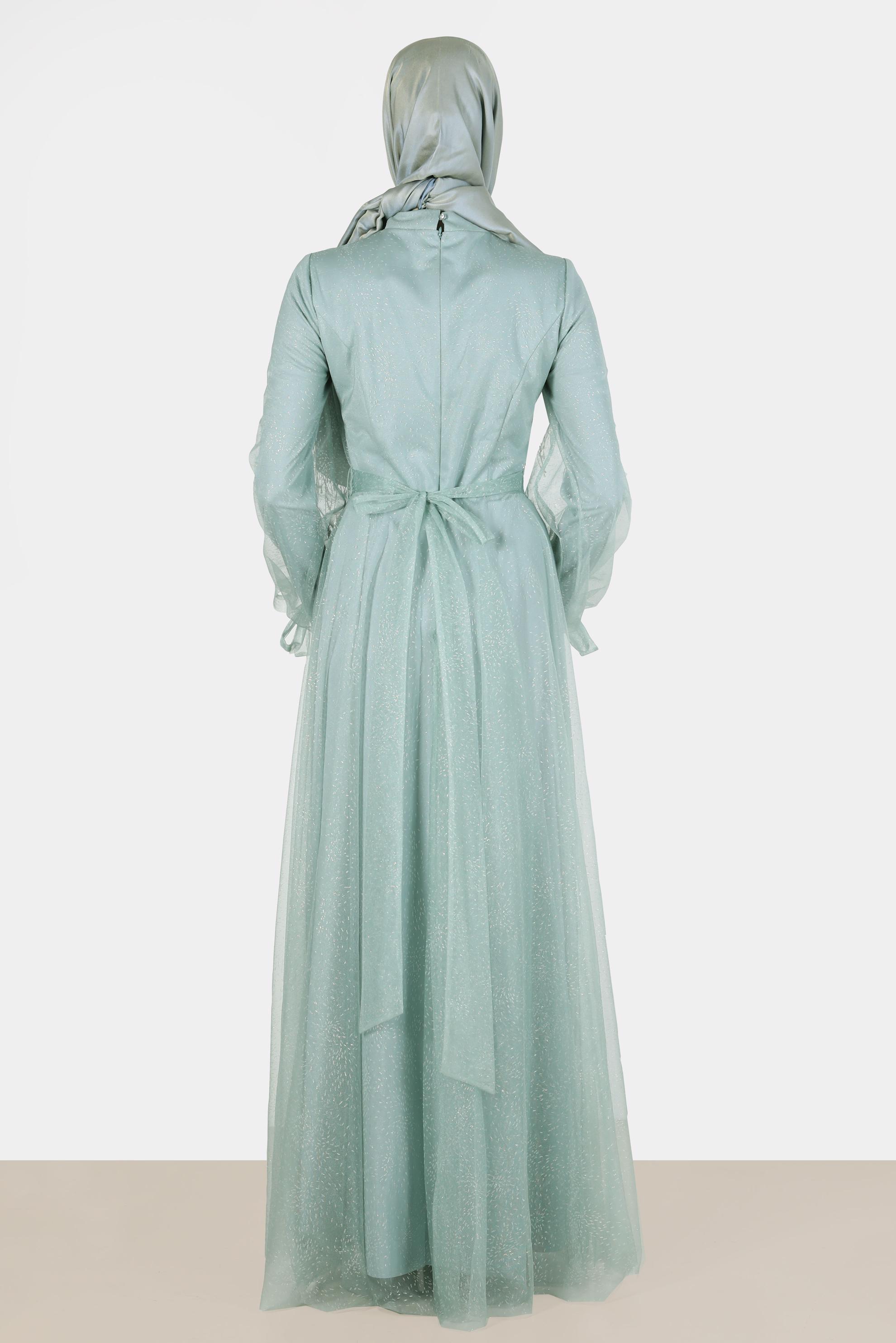 Tesettür giyim YEŞİL SİMLİ TÜLLÜ ABİYE 50225 