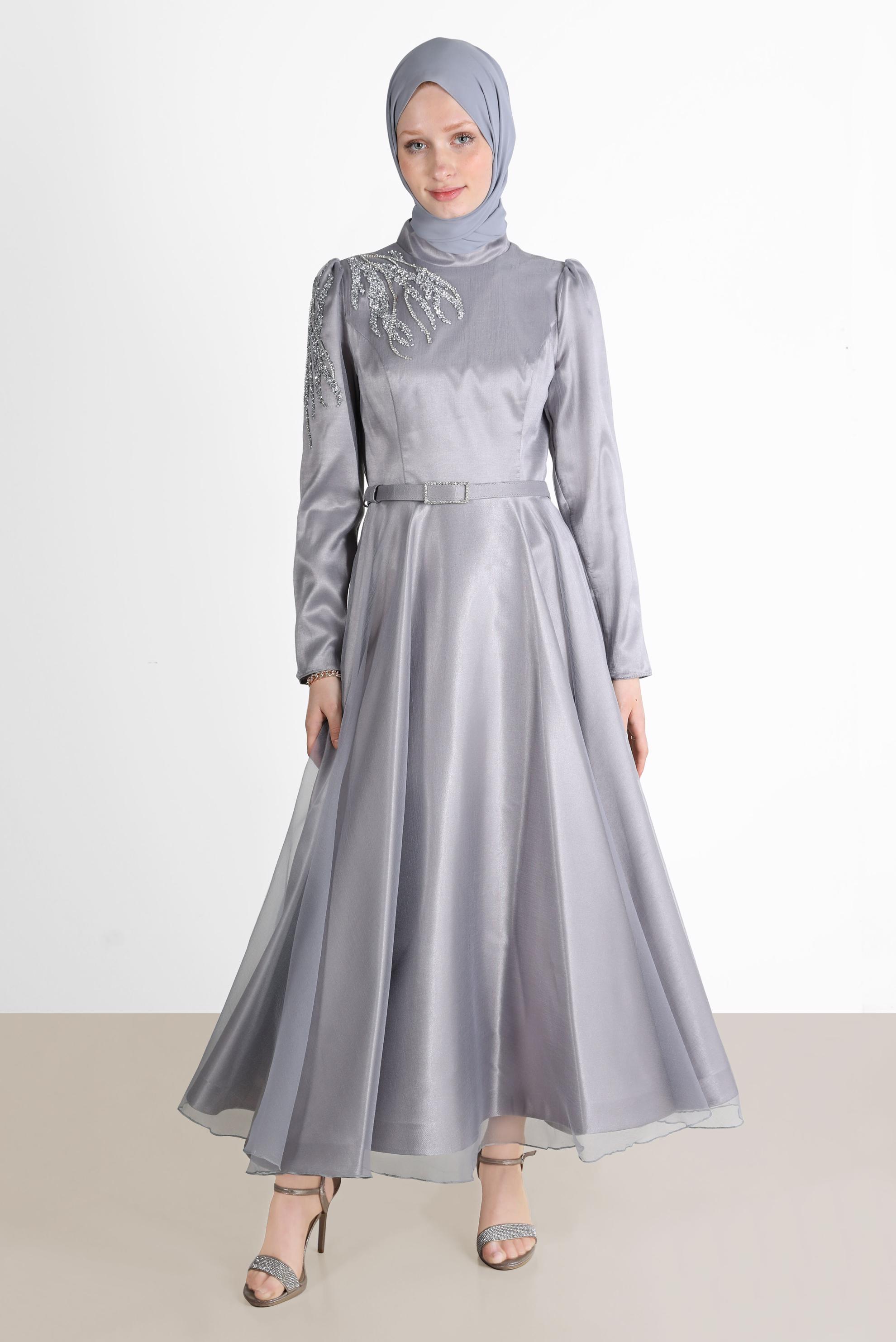Tesettür giyim GRİ TAŞ İŞLEMELİ ABİYE ELBİSE 50226