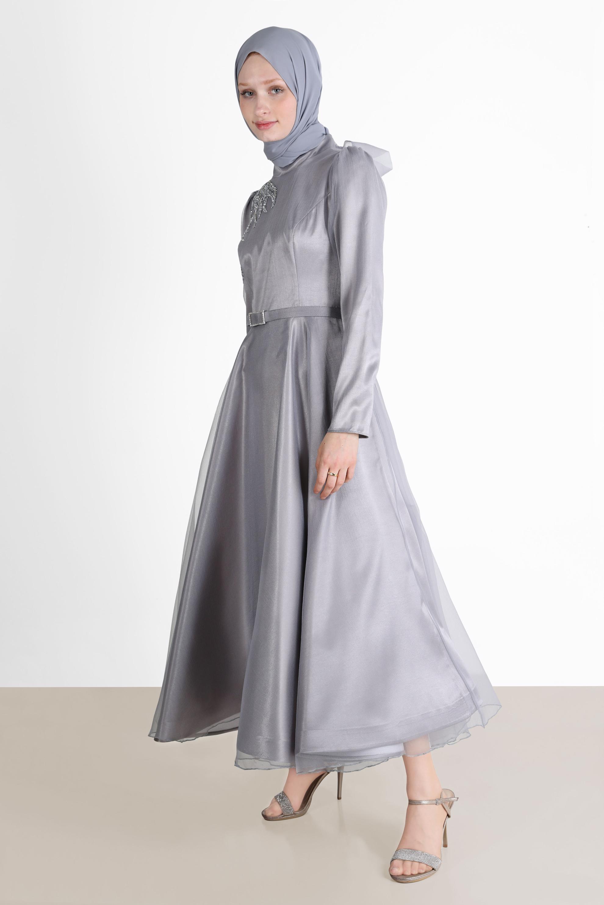 Tesettür giyim GRİ TAŞ İŞLEMELİ ABİYE ELBİSE 50226