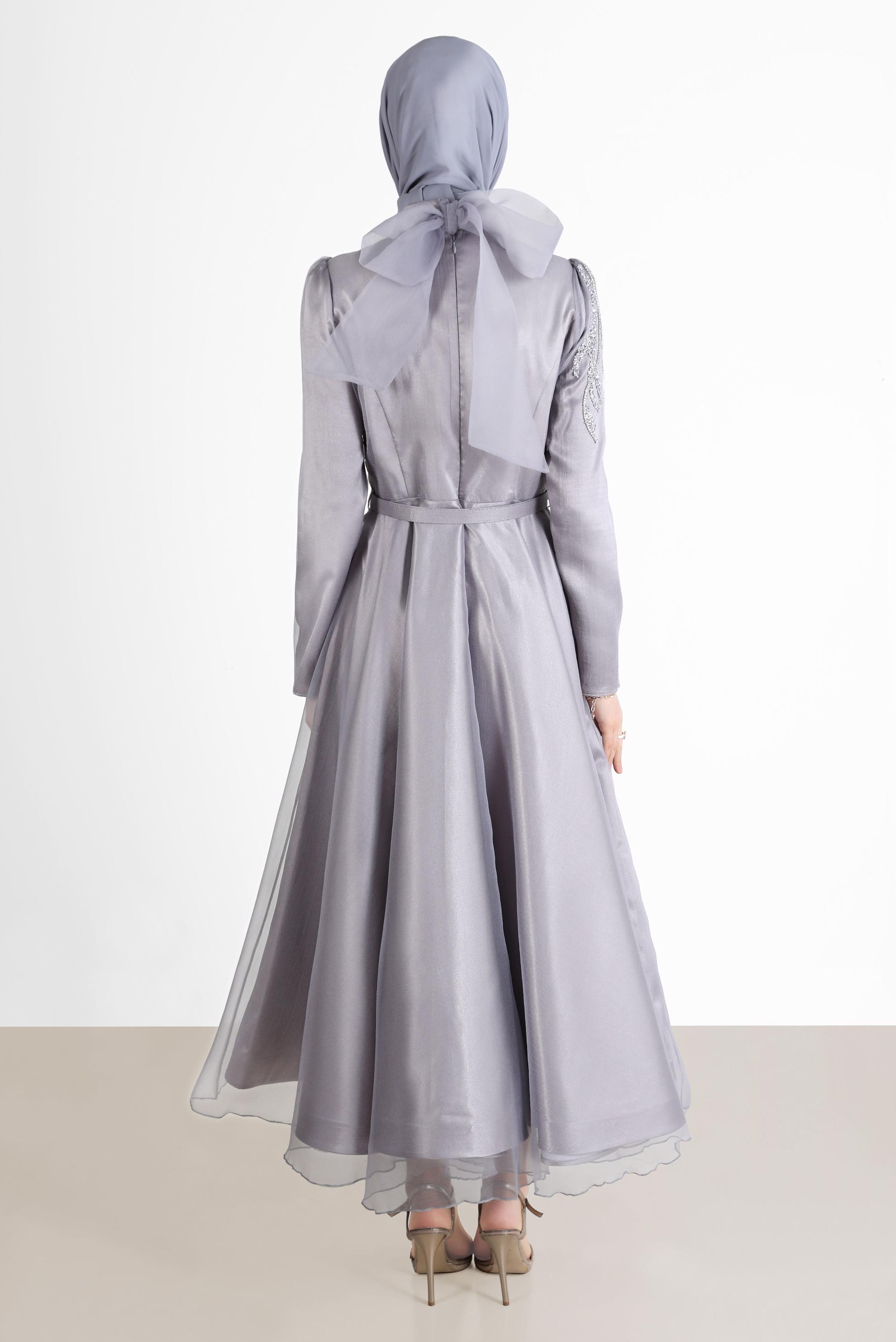 Tesettür giyim GRİ TAŞ İŞLEMELİ ABİYE ELBİSE 50226