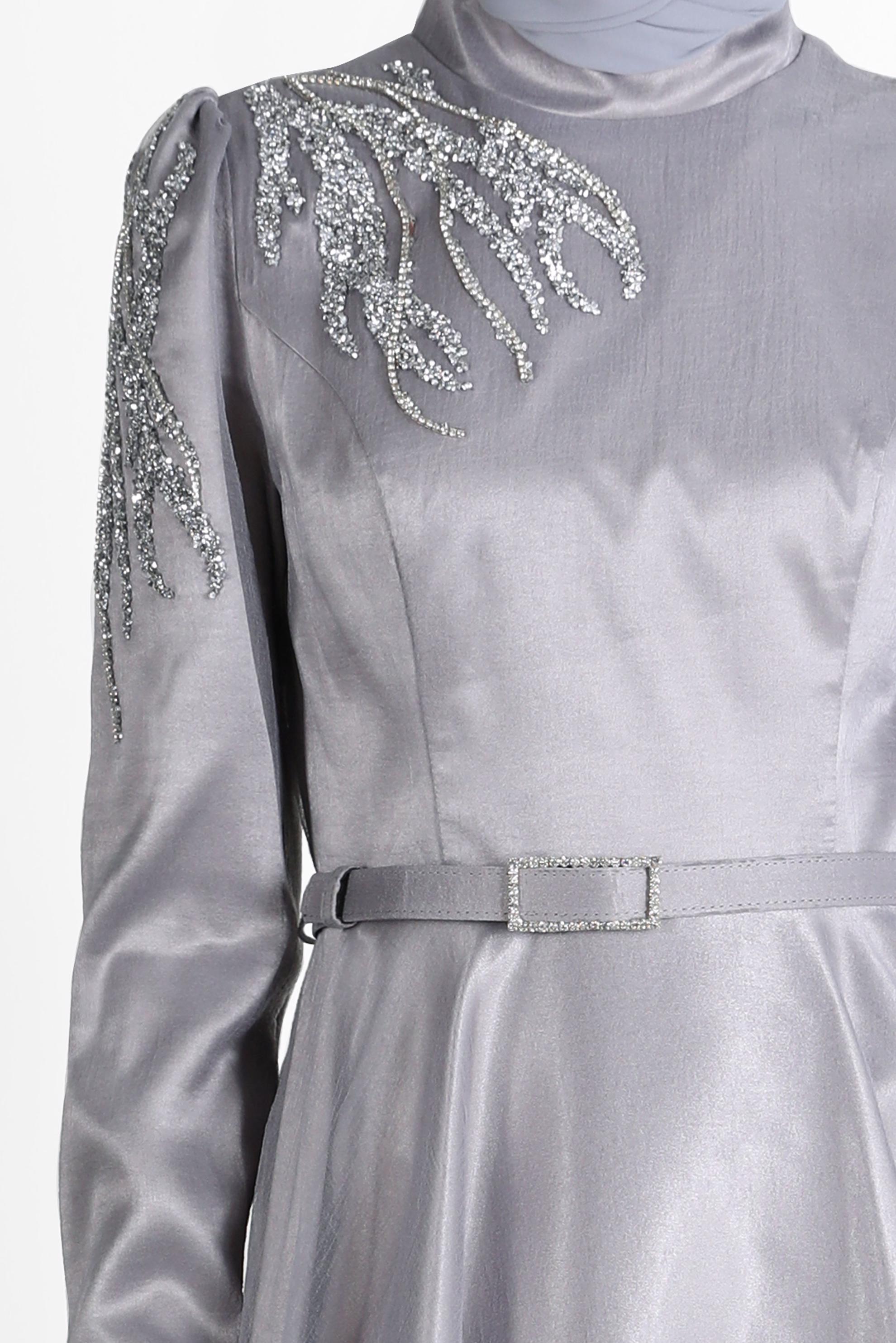 Tesettür giyim GRİ TAŞ İŞLEMELİ ABİYE ELBİSE 50226