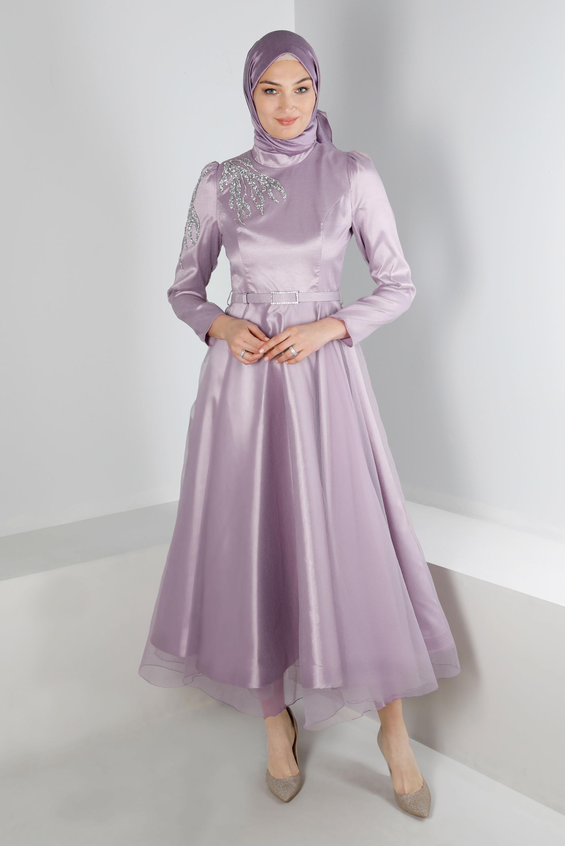 Tesettür giyim MOR TAŞ İŞLEMELİ ABİYE ELBİSE 50226