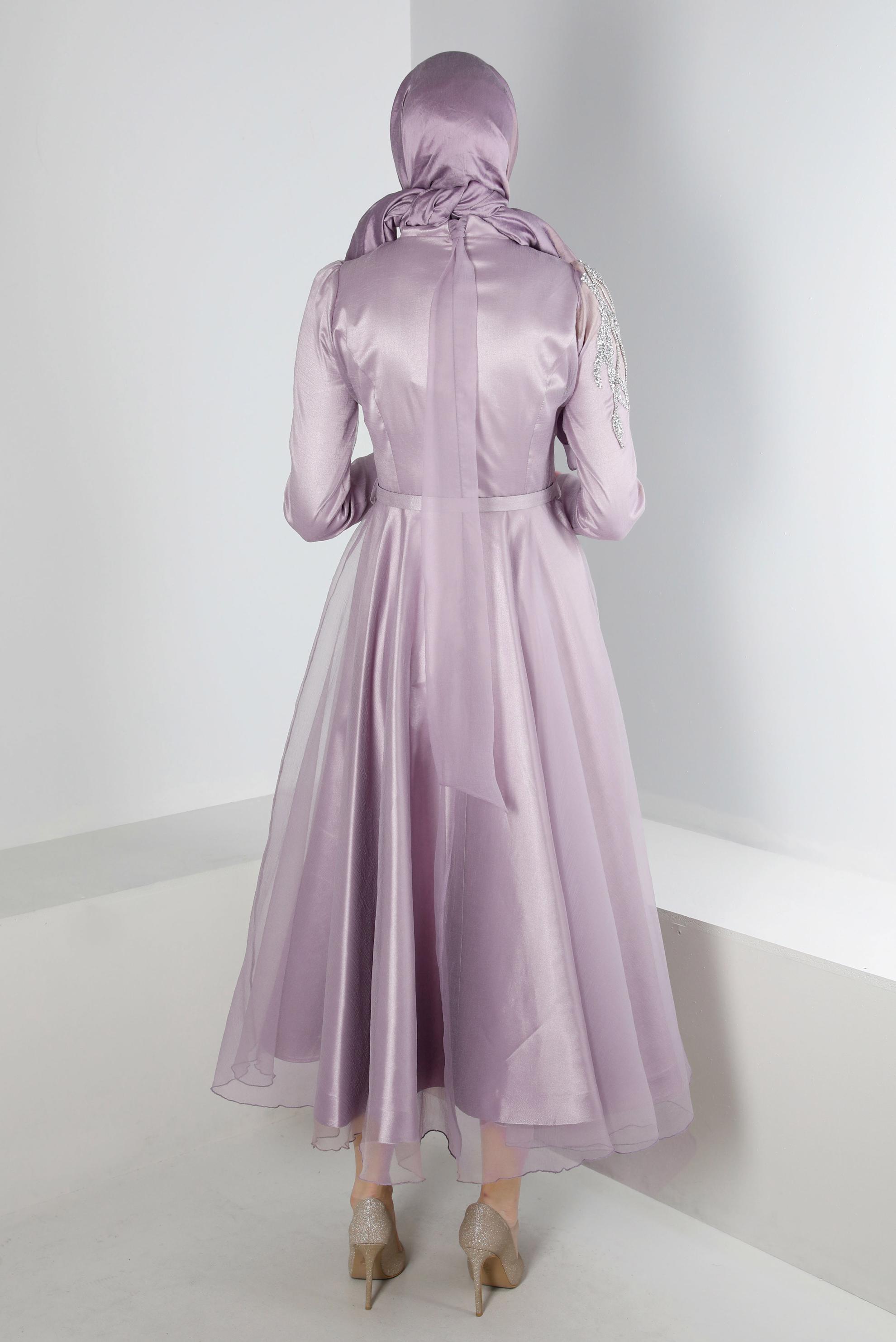 Tesettür giyim MOR TAŞ İŞLEMELİ ABİYE ELBİSE 50226