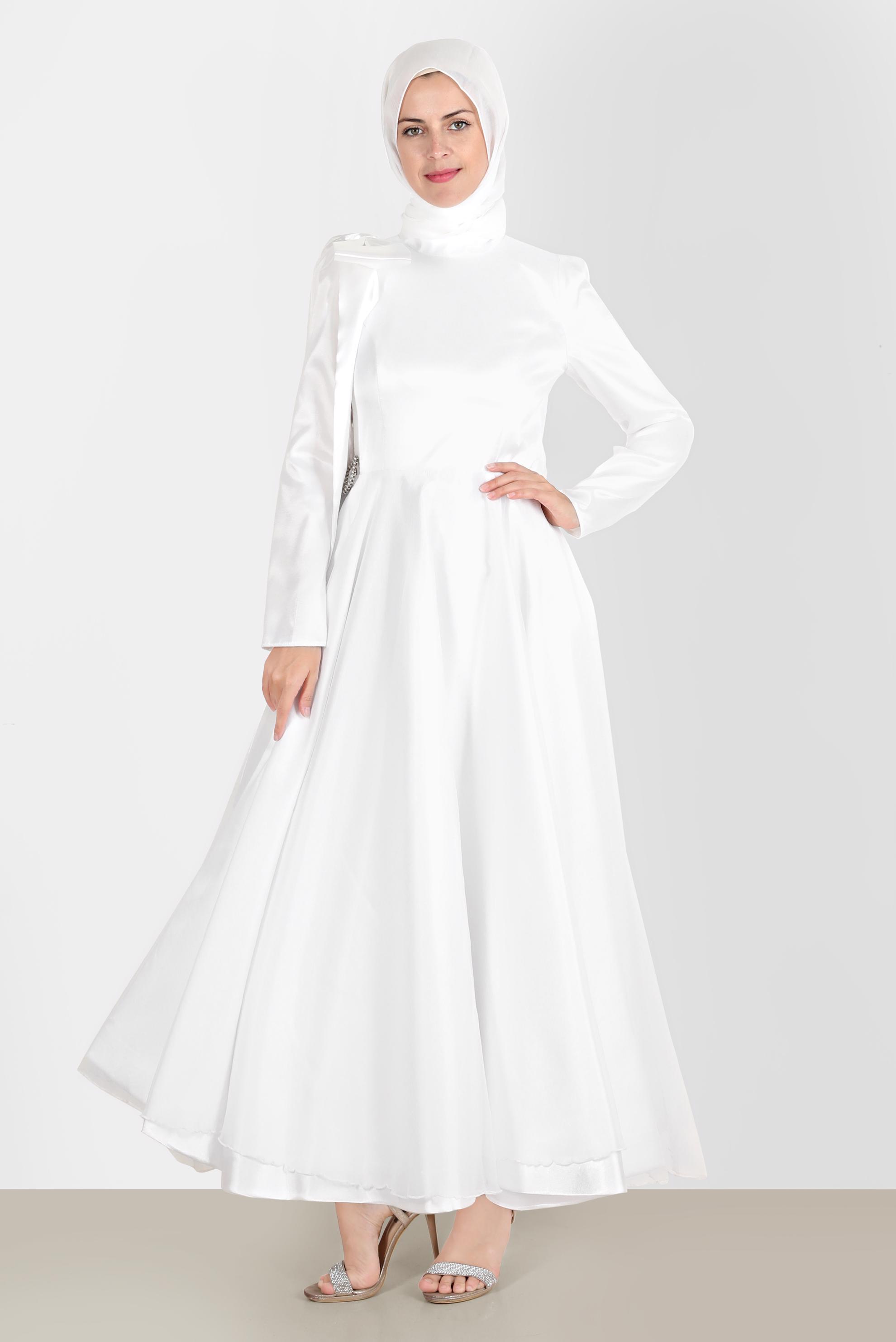 Tesettür giyim BEYAZ FİYONK DETAYLI KEMERLİ ABİYE ELBİSE 50227