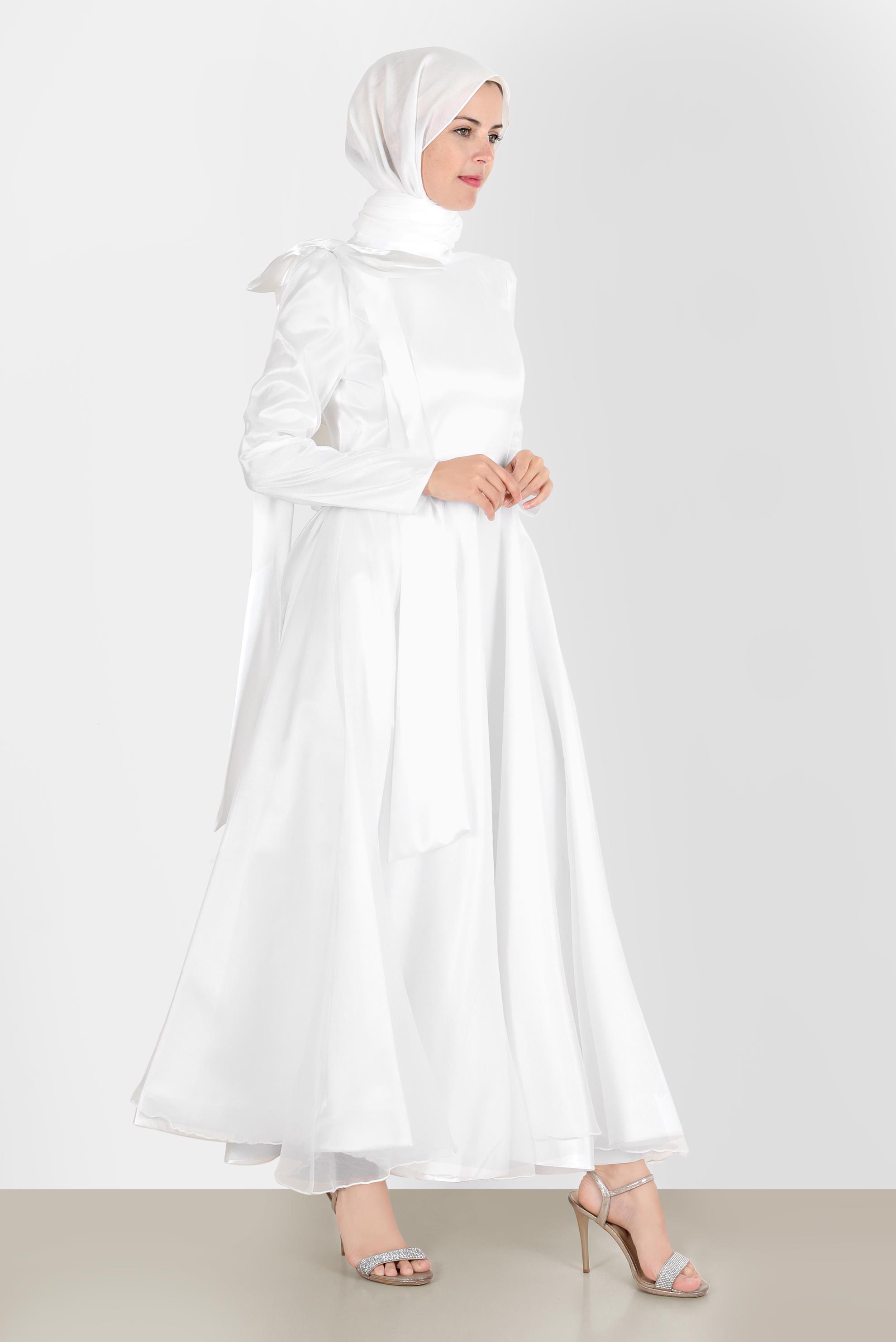 Tesettür giyim BEYAZ FİYONK DETAYLI KEMERLİ ABİYE ELBİSE 50227