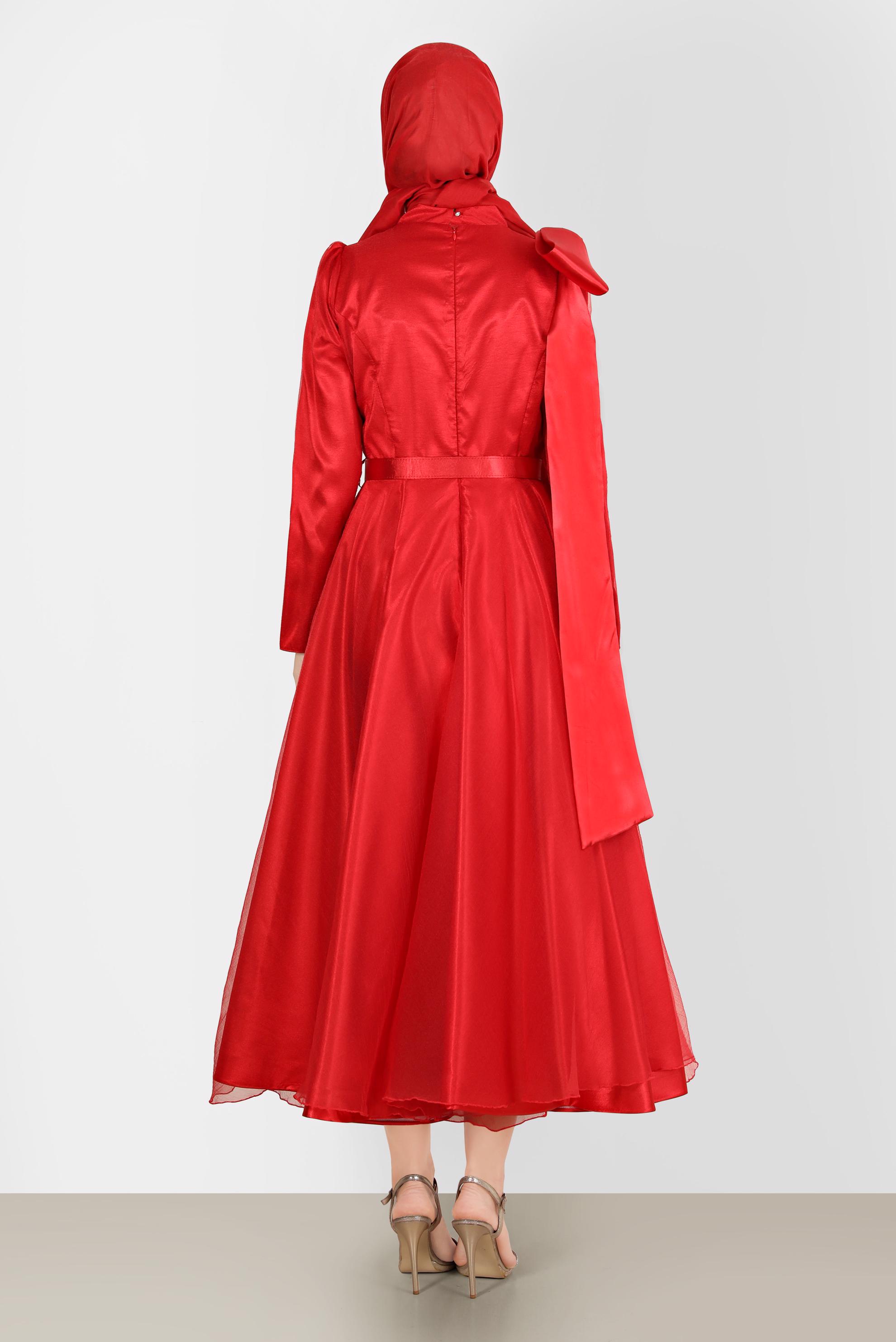 Tesettür giyim KIRMIZI FİYONK DETAYLI KEMERLİ ABİYE ELBİSE 50227