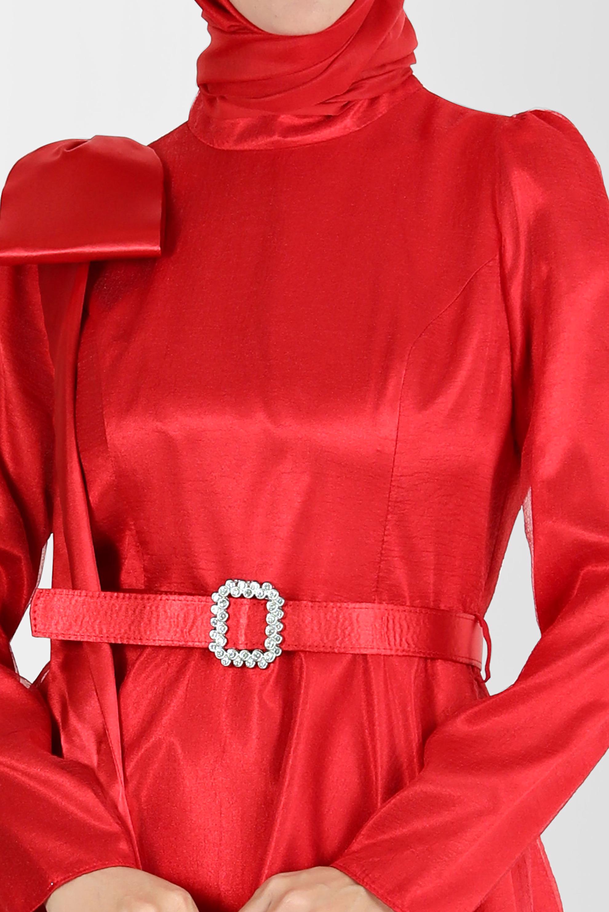 Tesettür giyim KIRMIZI FİYONK DETAYLI KEMERLİ ABİYE ELBİSE 50227