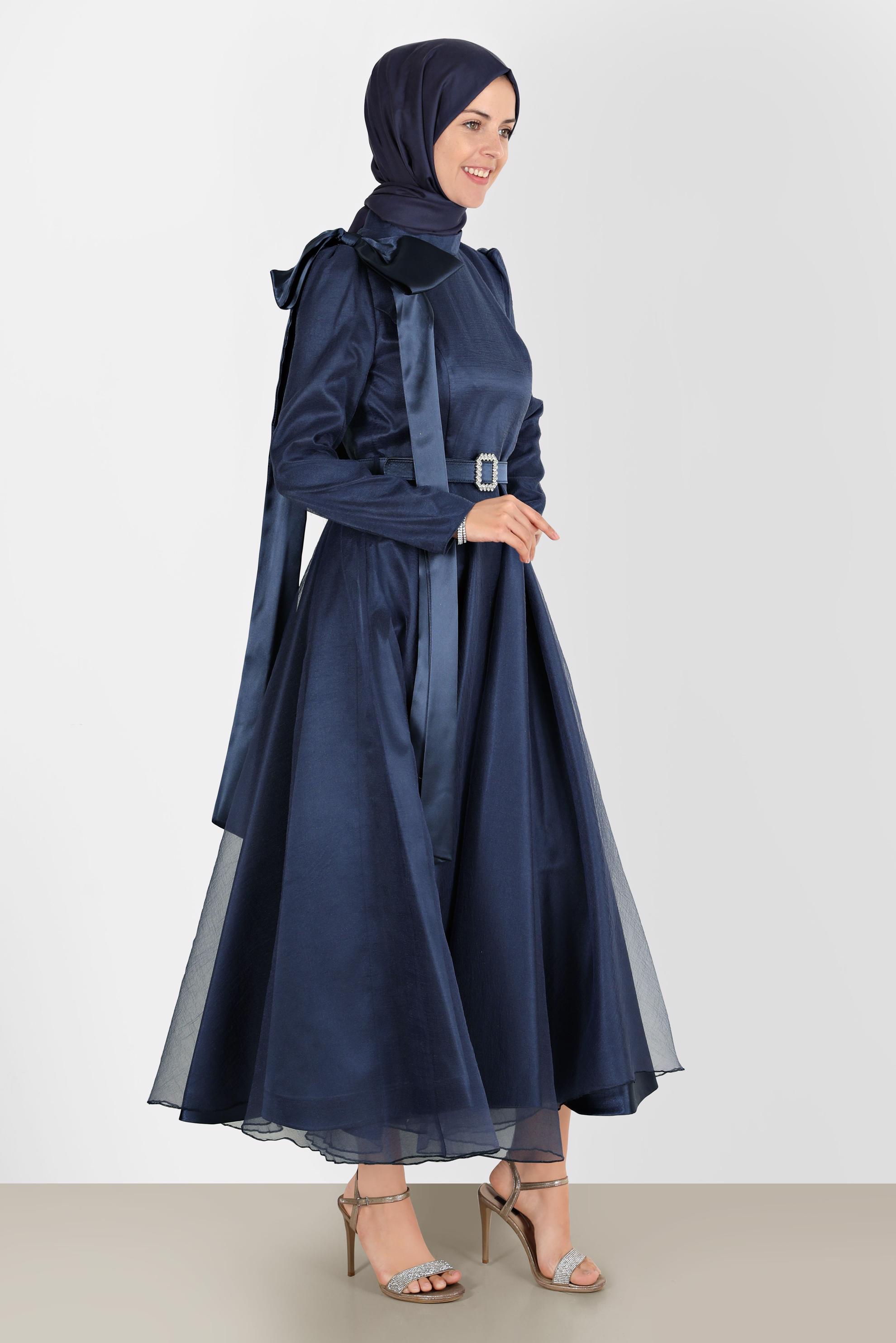Tesettür giyim LACİVERT FİYONK DETAYLI KEMERLİ ABİYE ELBİSE 50227