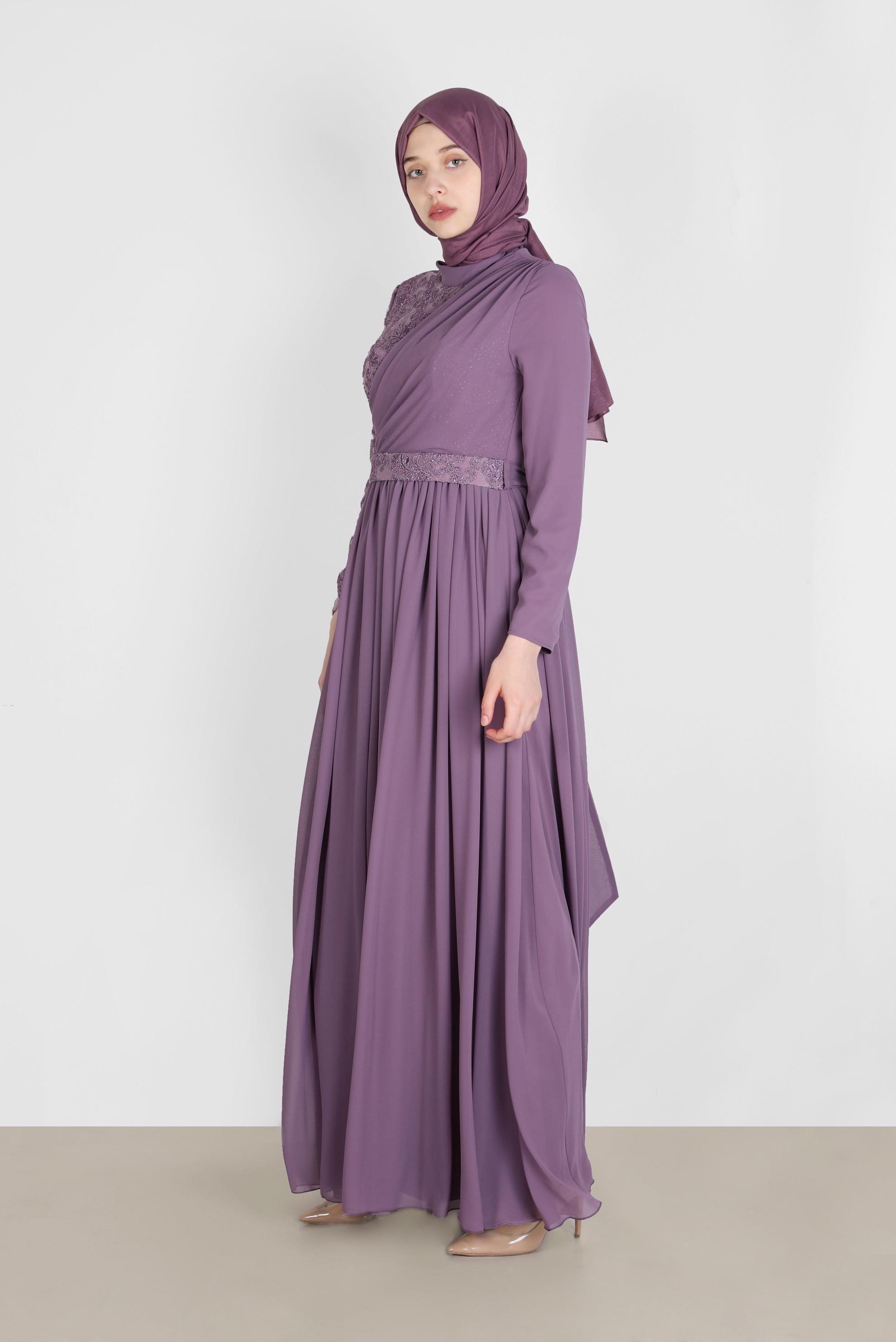 Tesettür giyim MOR GÜPÜR DETAYLI ABİYE ELBİSE 50229 