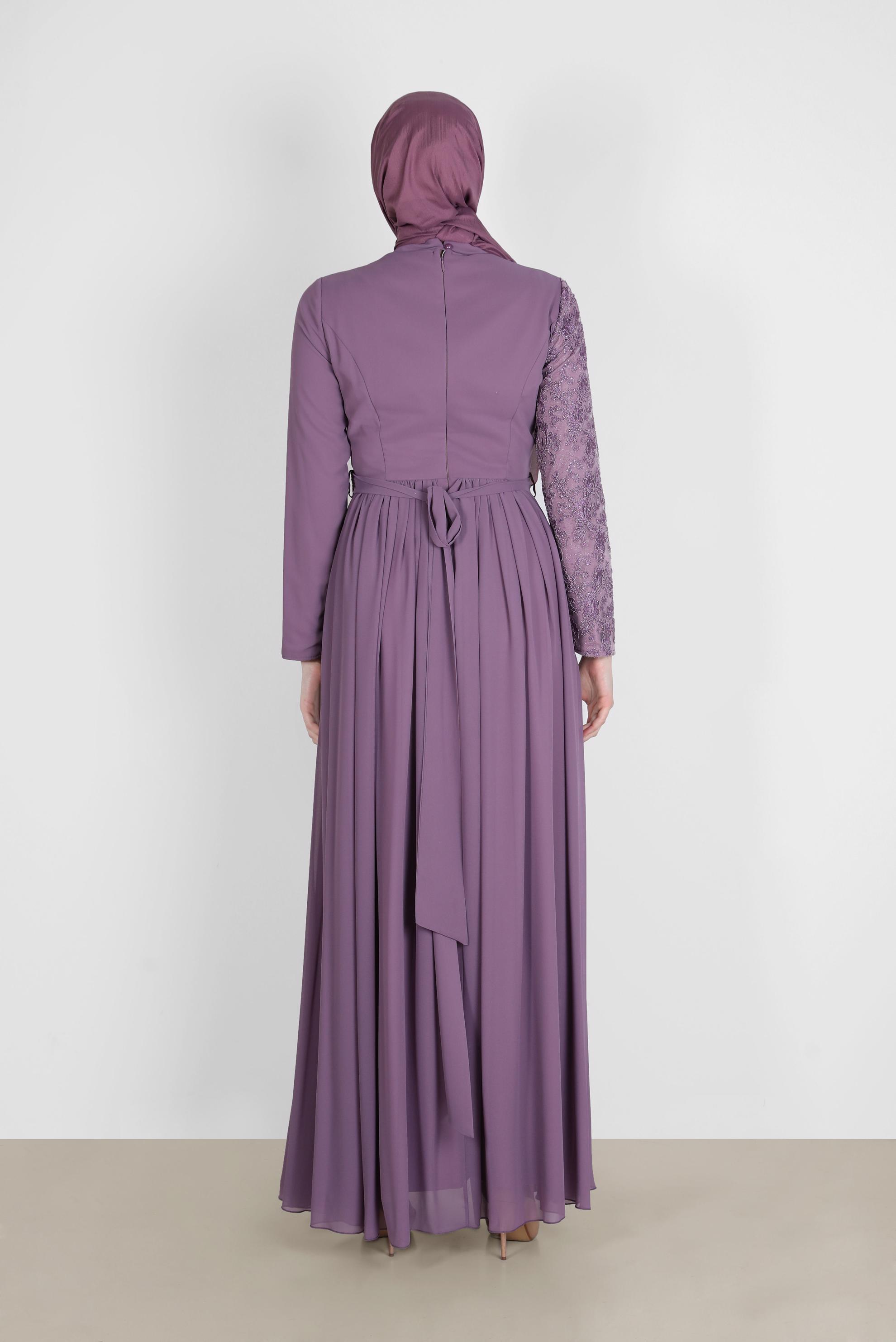 Tesettür giyim MOR GÜPÜR DETAYLI ABİYE ELBİSE 50229 