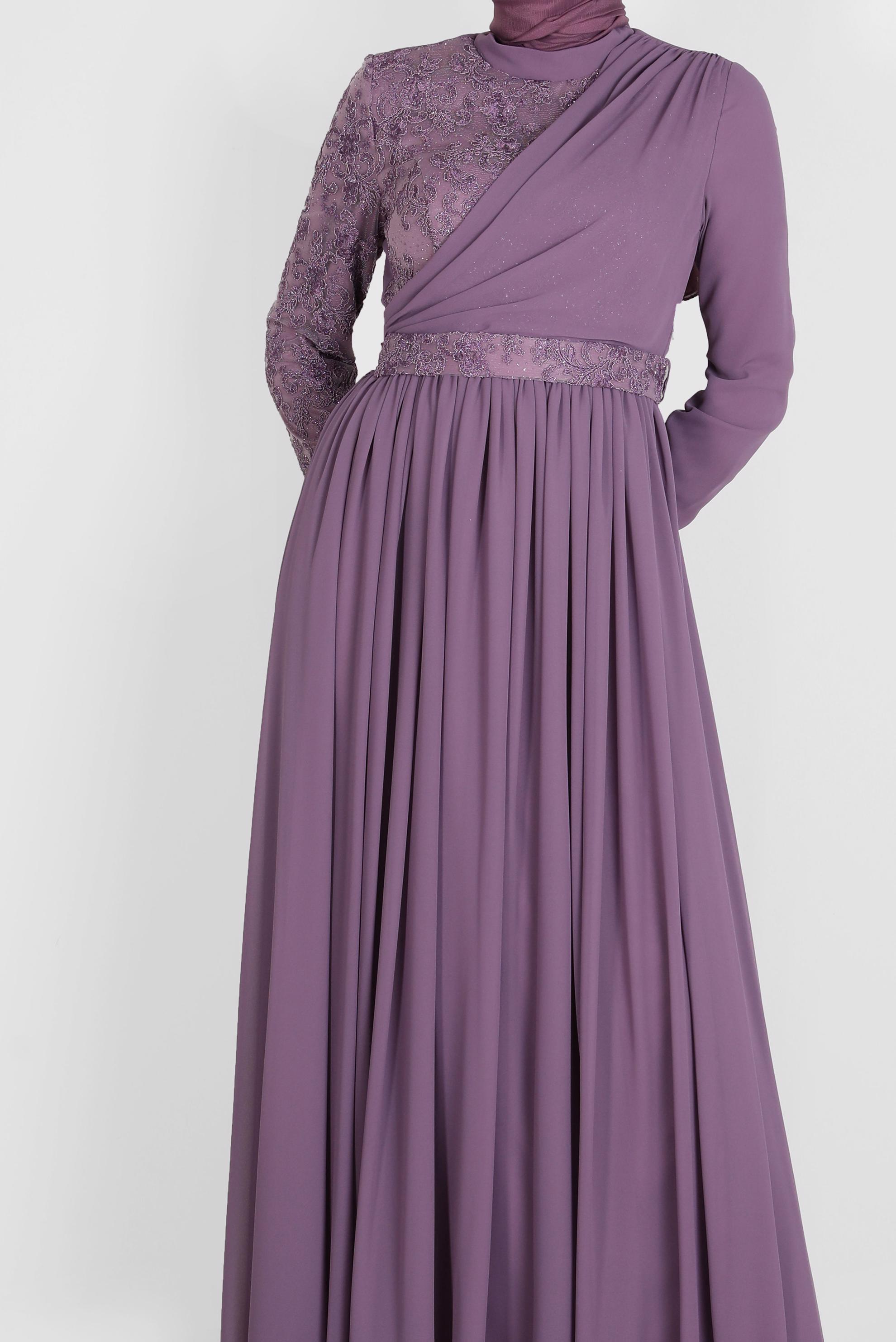 Tesettür giyim MOR GÜPÜR DETAYLI ABİYE ELBİSE 50229 