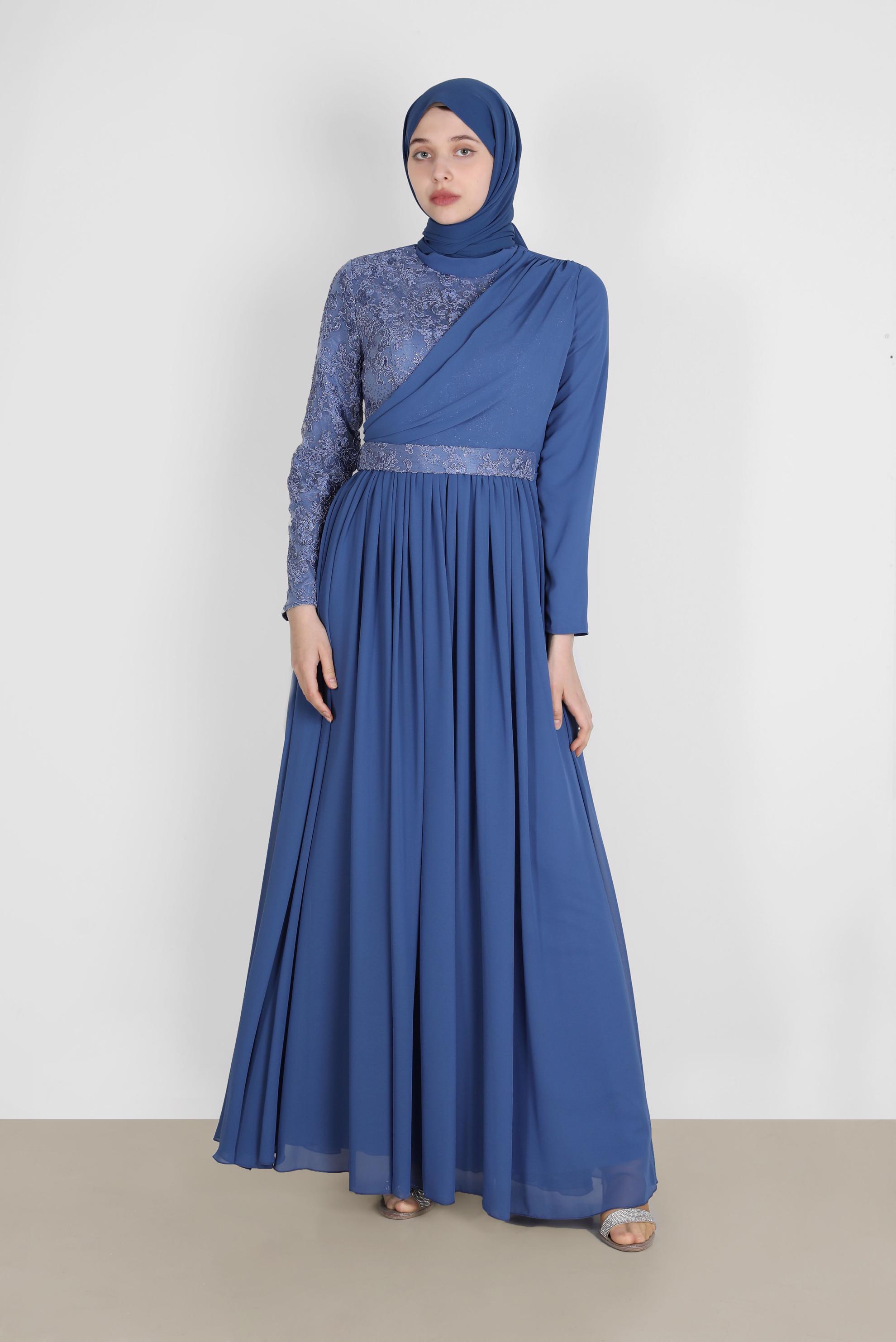 Tesettür giyim LACİVERT GÜPÜR DETAYLI ABİYE ELBİSE 50229 