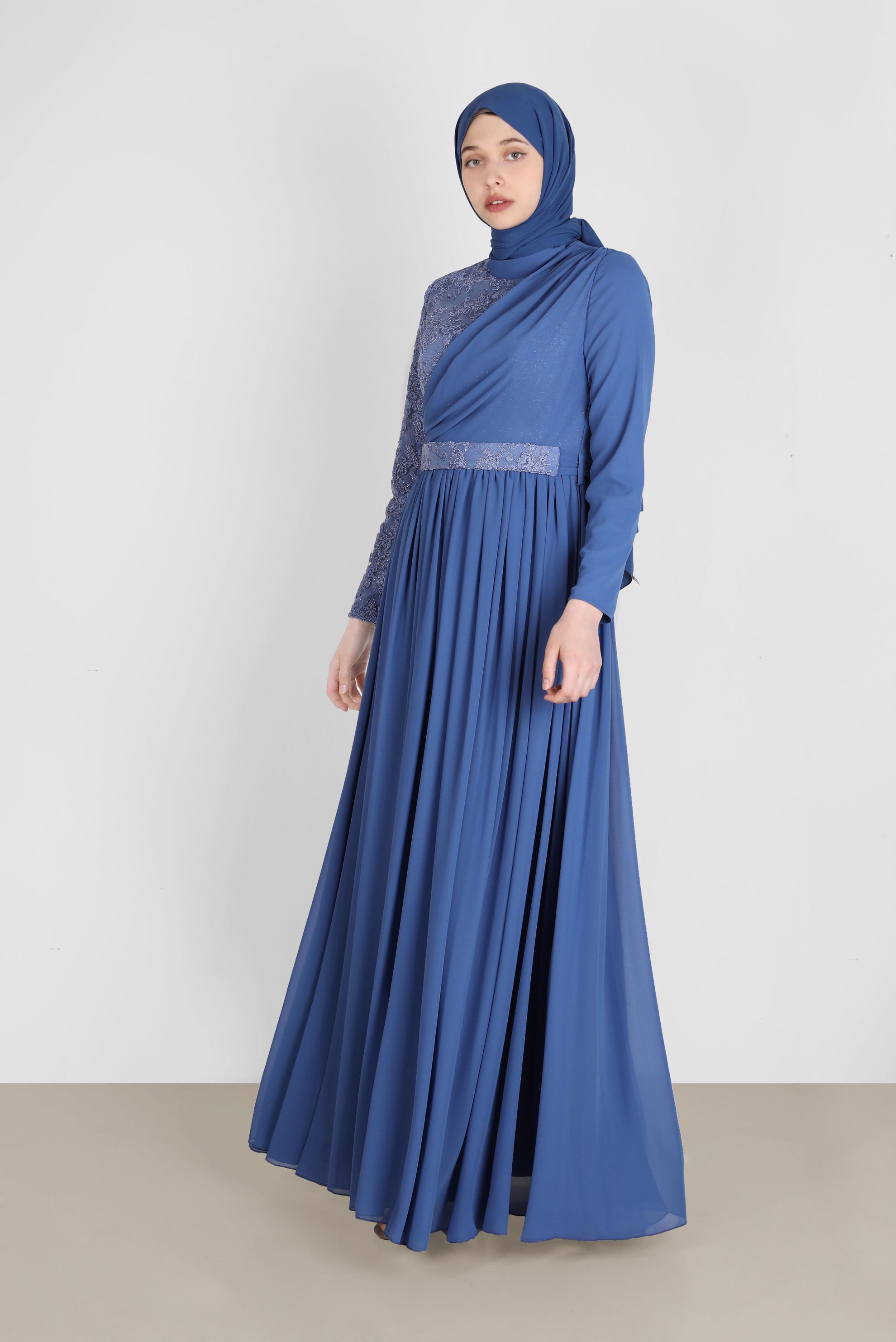Tesettür giyim LACİVERT GÜPÜR DETAYLI ABİYE ELBİSE 50229 