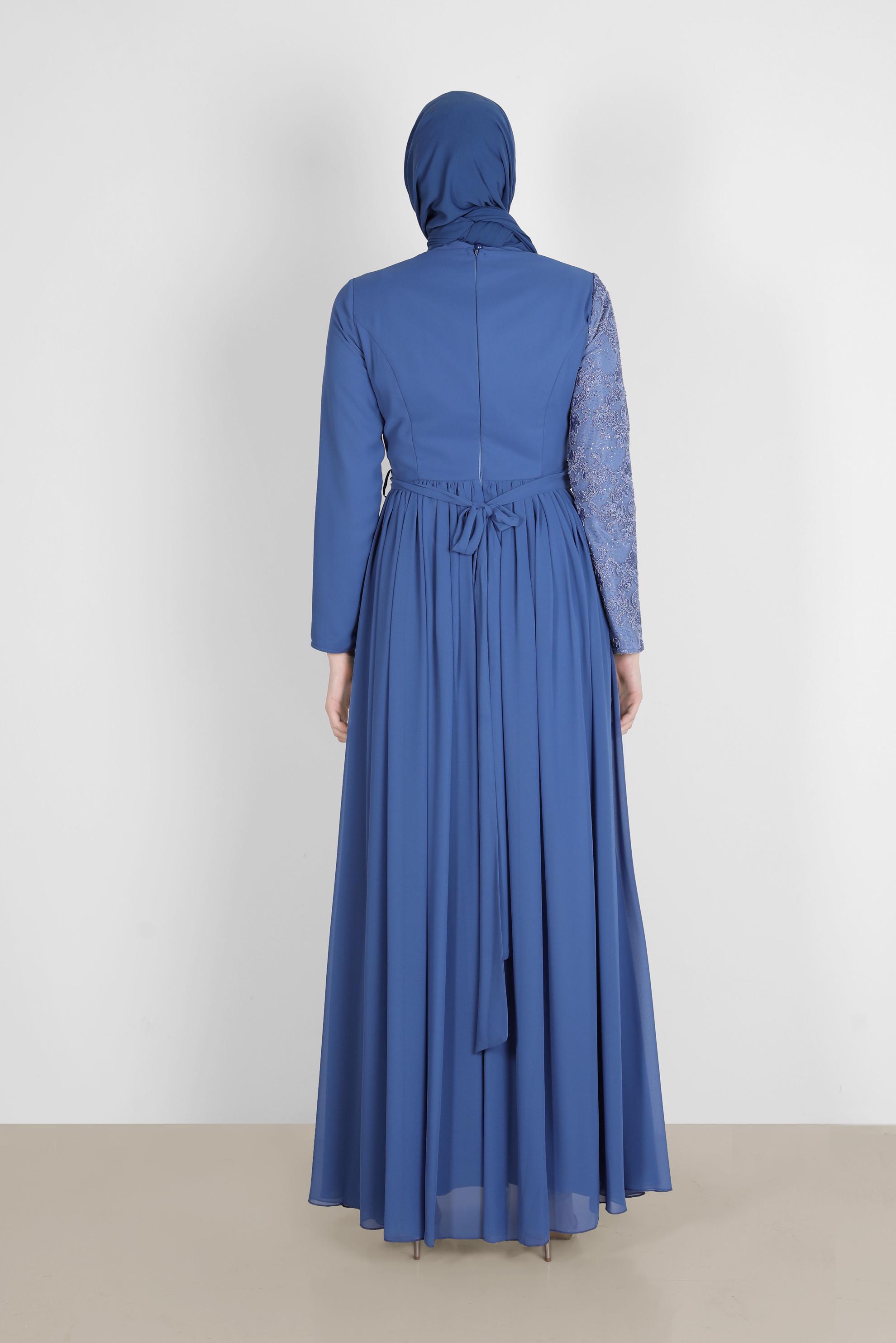 Tesettür giyim LACİVERT GÜPÜR DETAYLI ABİYE ELBİSE 50229 