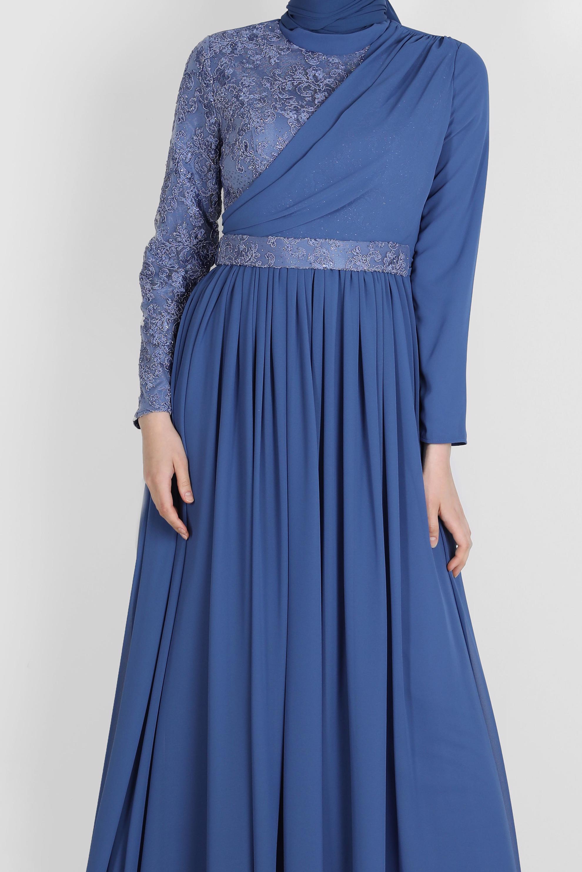 Tesettür giyim LACİVERT GÜPÜR DETAYLI ABİYE ELBİSE 50229 
