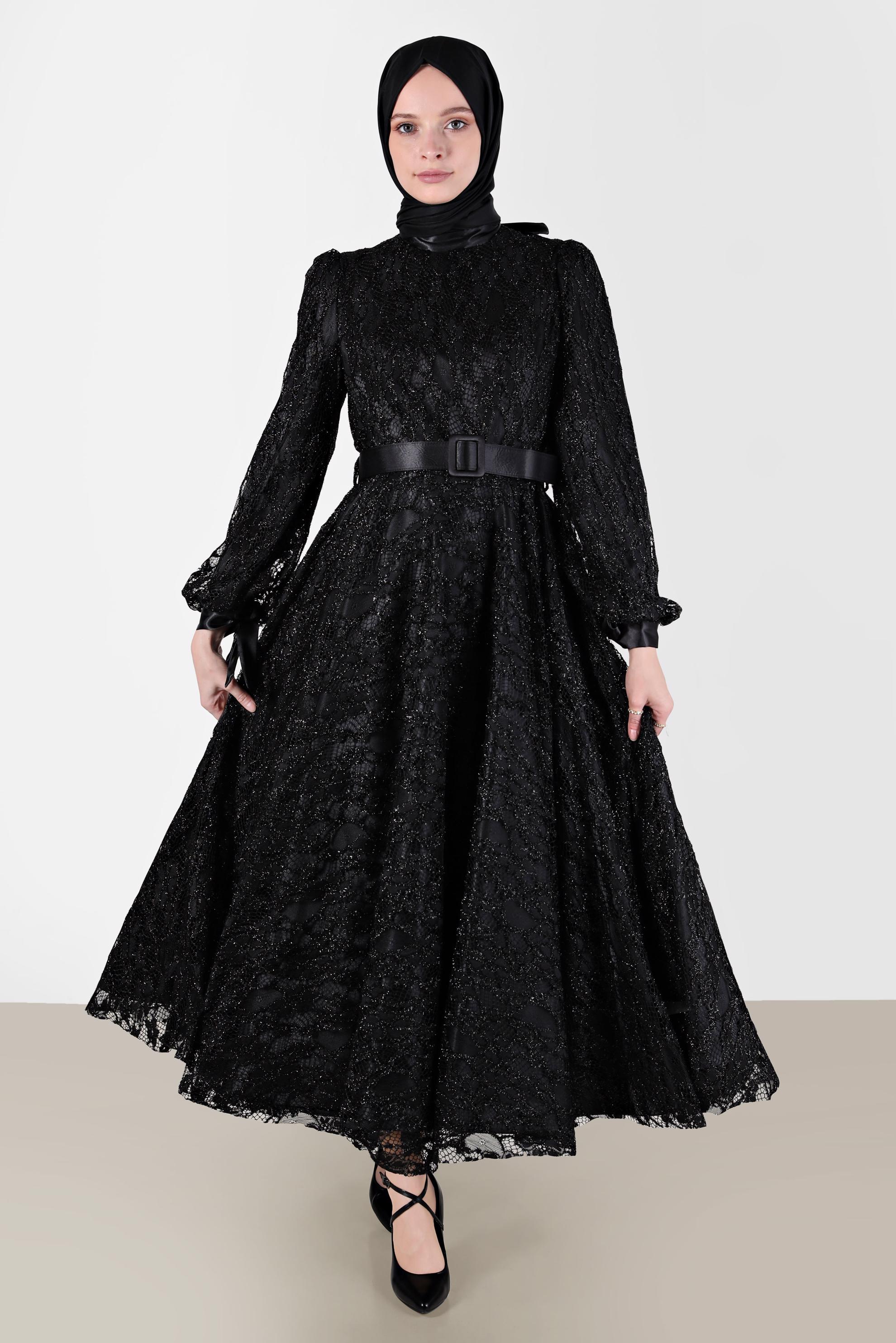 Tesettür giyim SİYAH KEMERLİ DANTEL ABİYE 50230 