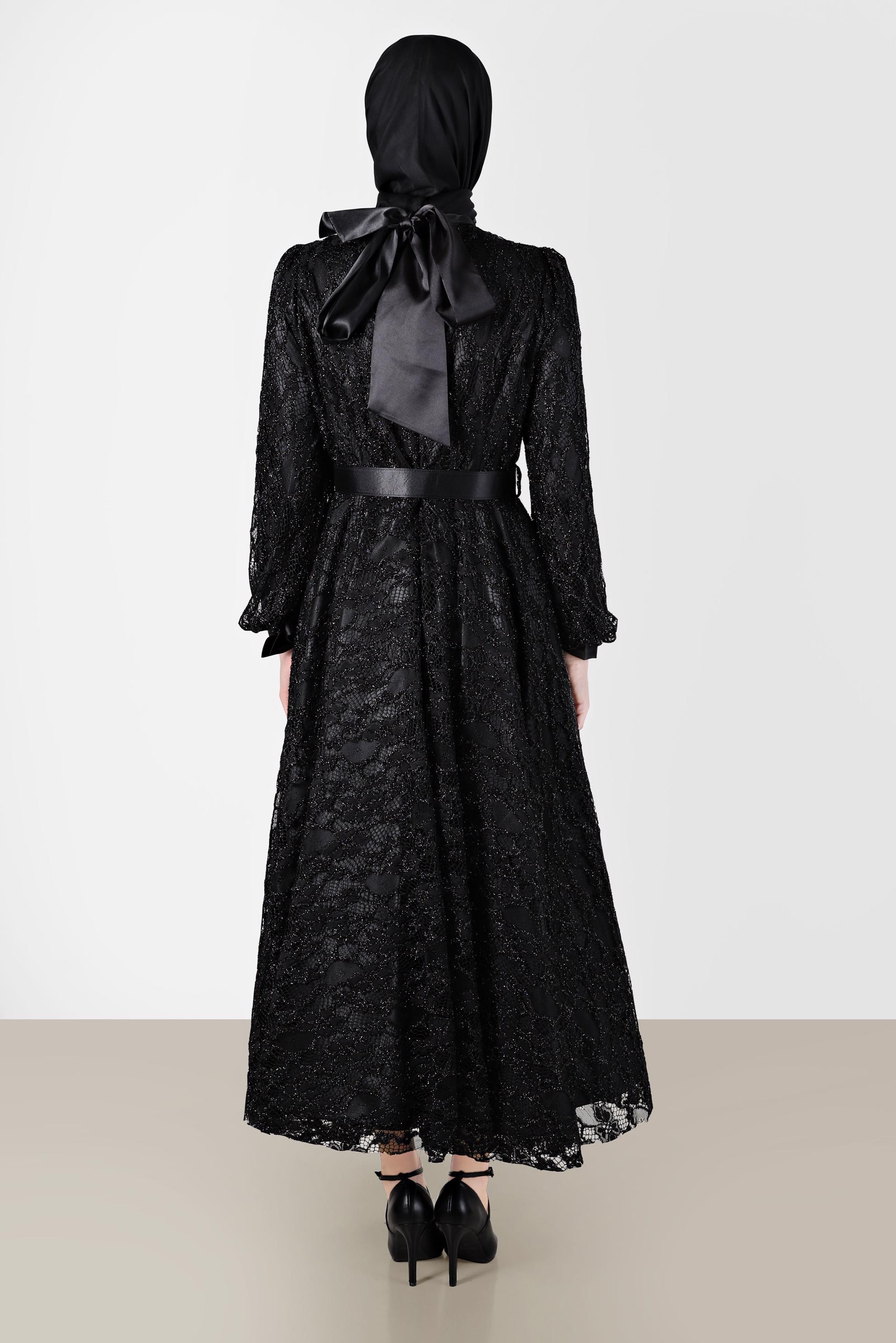 Tesettür giyim SİYAH KEMERLİ DANTEL ABİYE 50230 