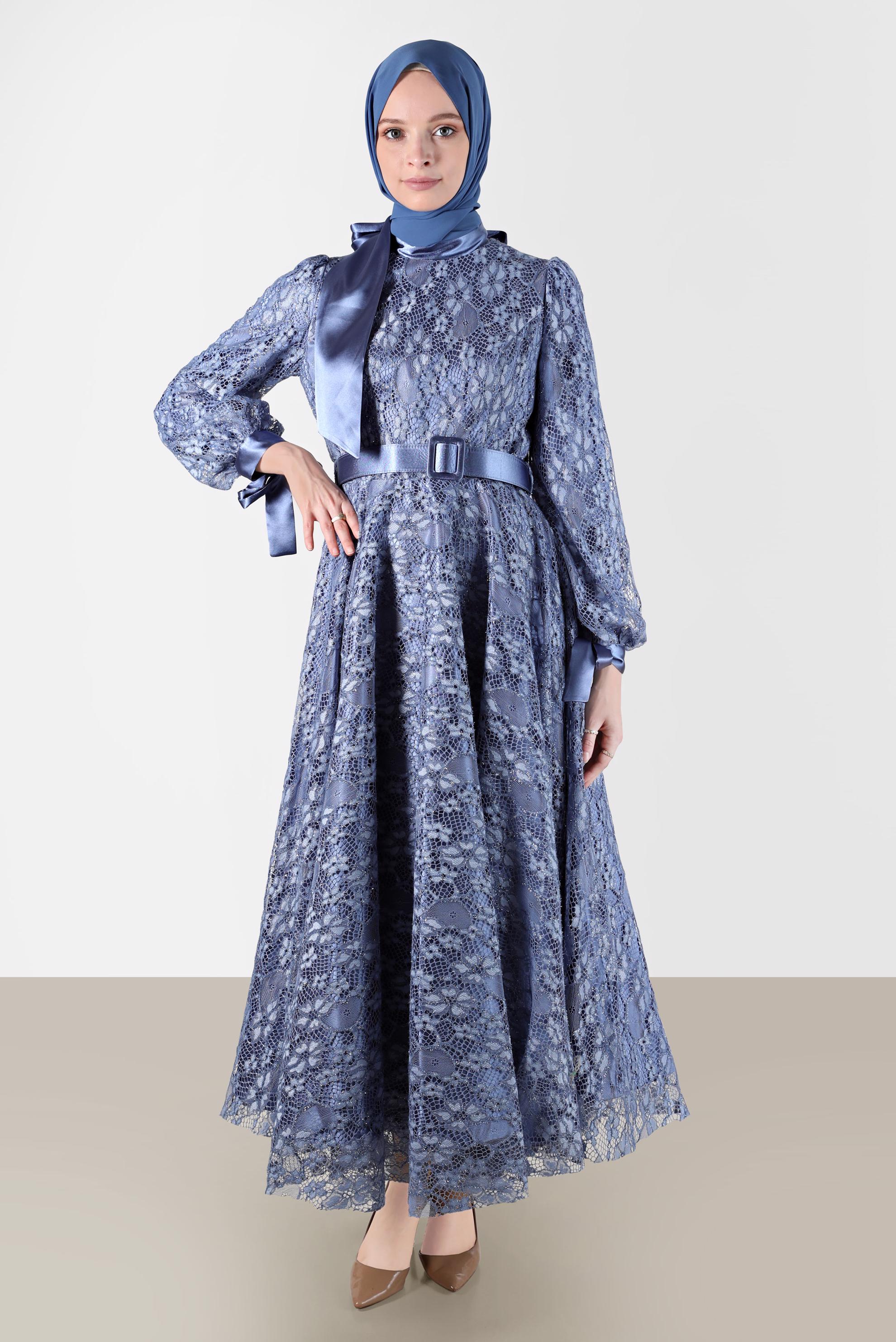 Tesettür giyim MAVİ KEMERLİ DANTEL ABİYE 50230 
