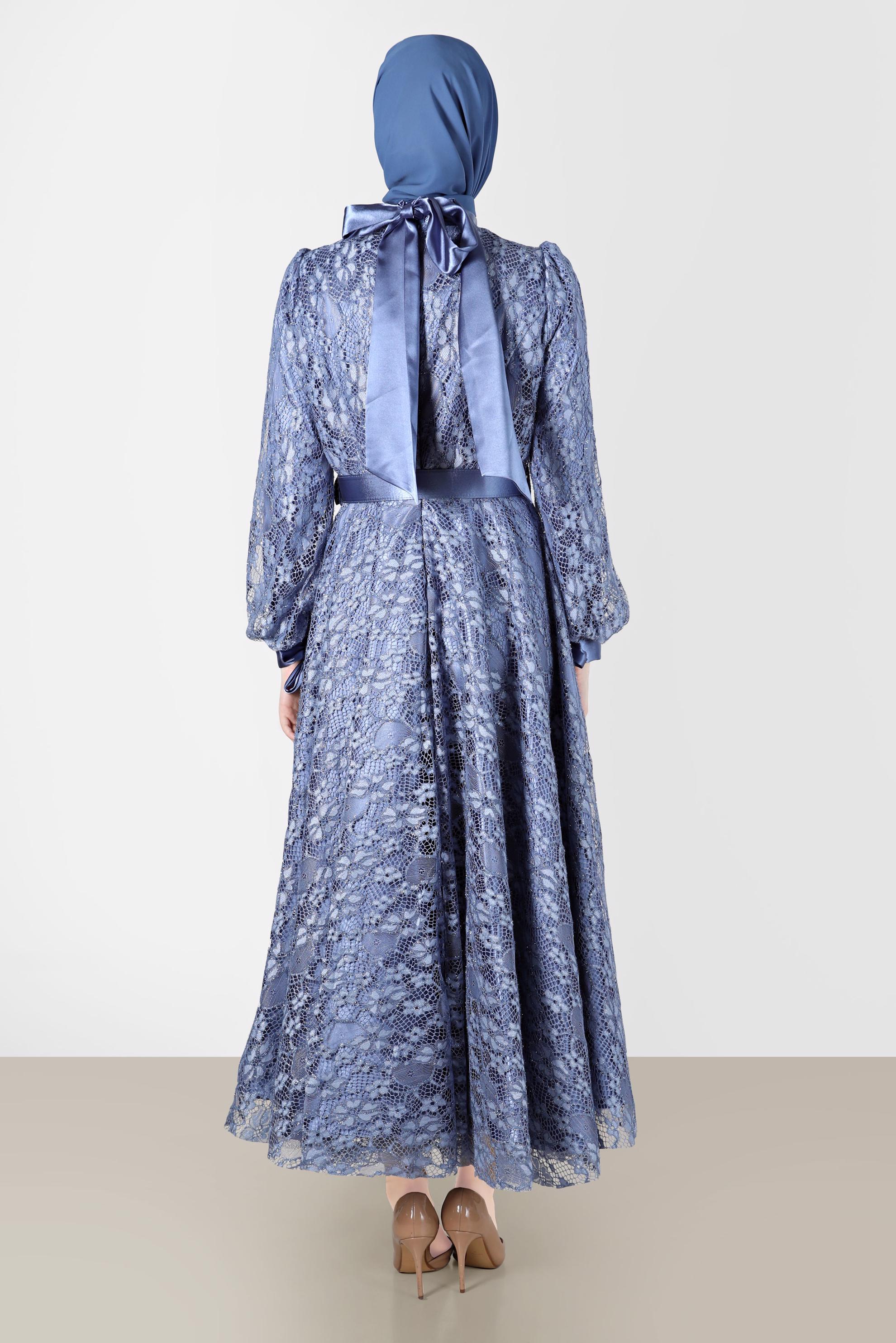 Tesettür giyim MAVİ KEMERLİ DANTEL ABİYE 50230 