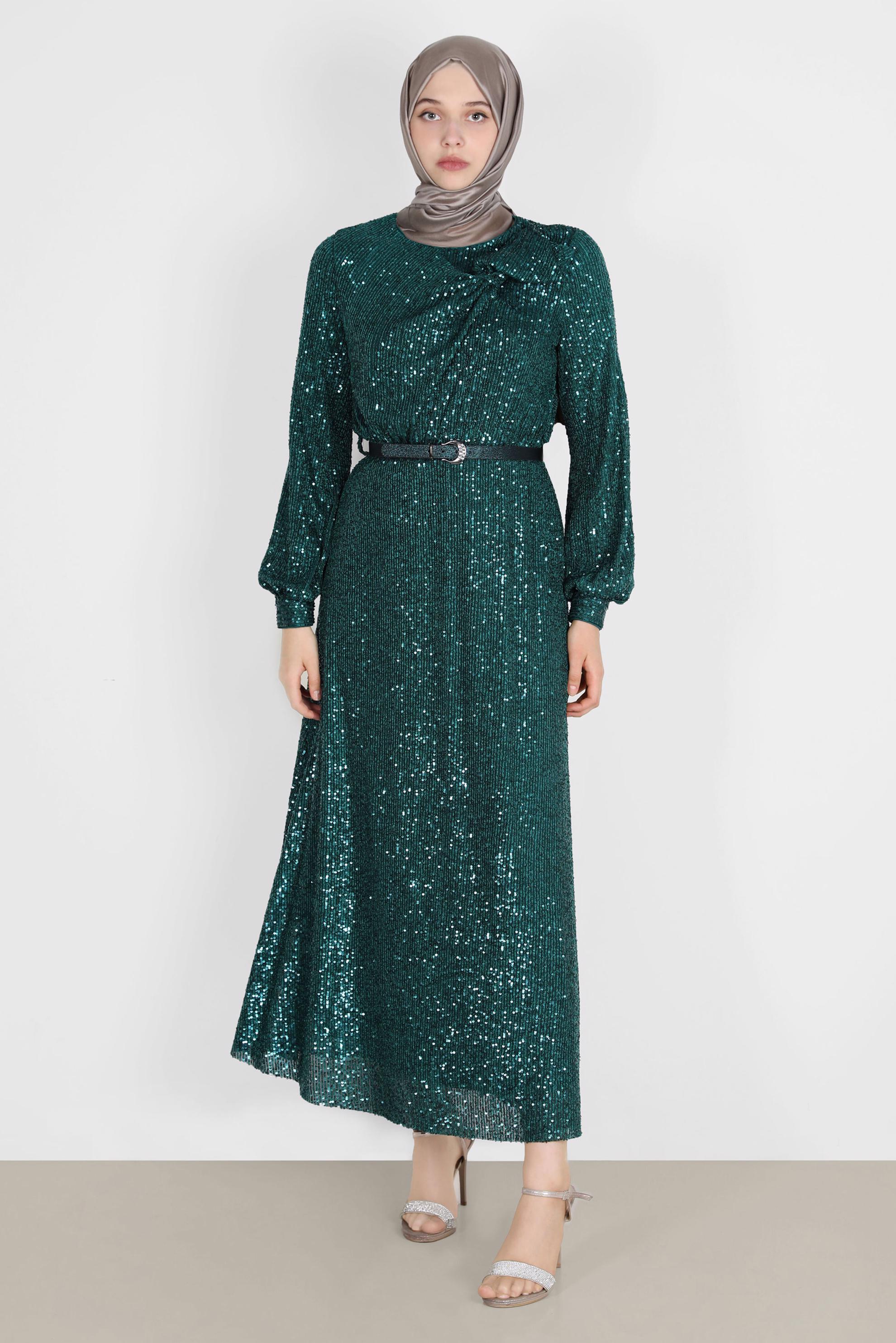 Tesettür giyim YEŞİL FİYONK DETAYLI PUL PAYET ABİYE 50232 
