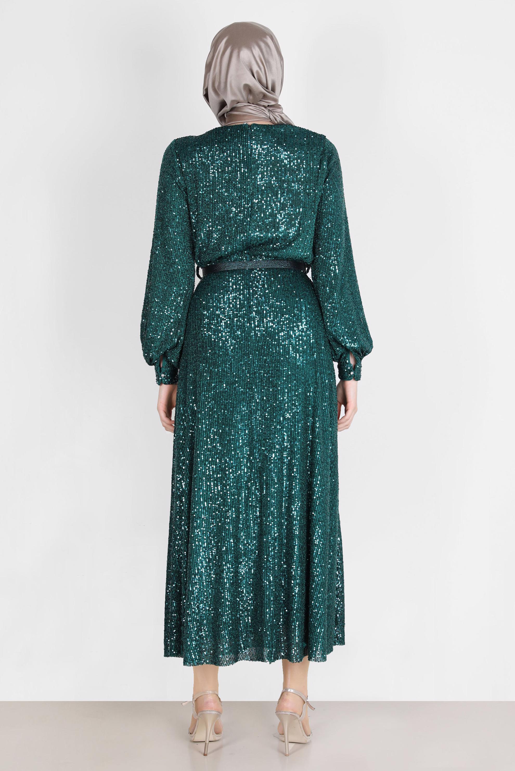 Tesettür giyim YEŞİL FİYONK DETAYLI PUL PAYET ABİYE 50232 