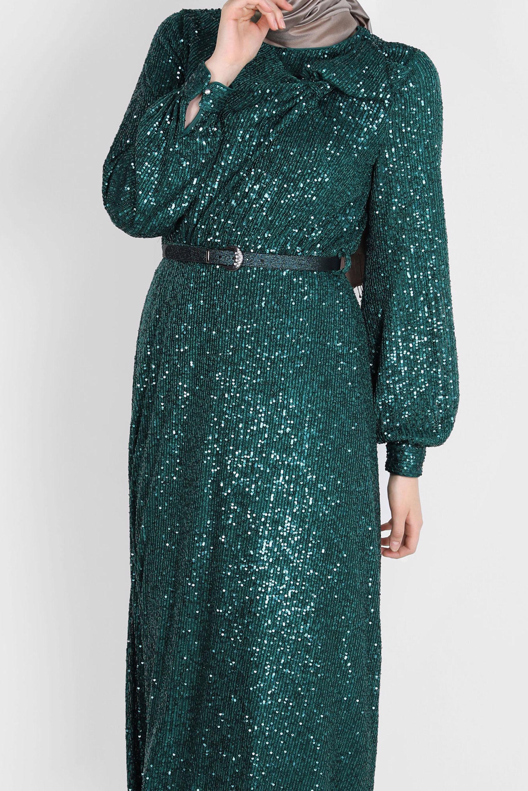 Tesettür giyim YEŞİL FİYONK DETAYLI PUL PAYET ABİYE 50232 