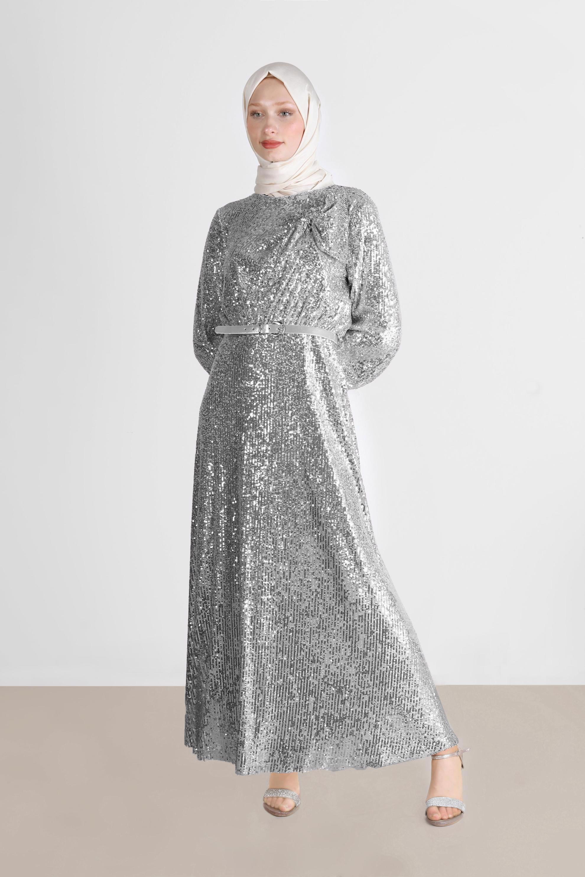 Tesettür giyim GRİ FİYONK DETAYLI PUL PAYET ABİYE 50232 