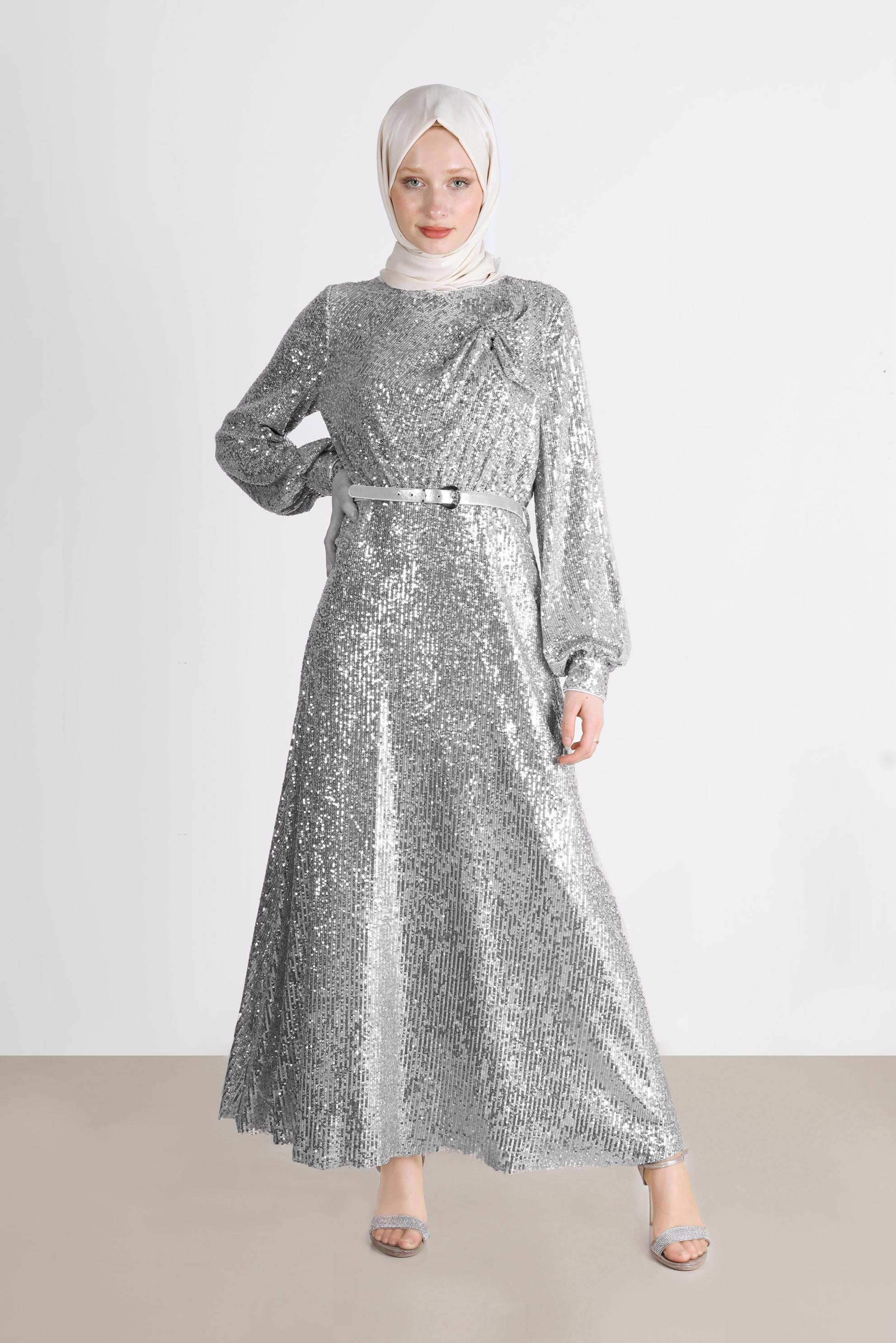 Tesettür giyim GRİ FİYONK DETAYLI PUL PAYET ABİYE 50232 