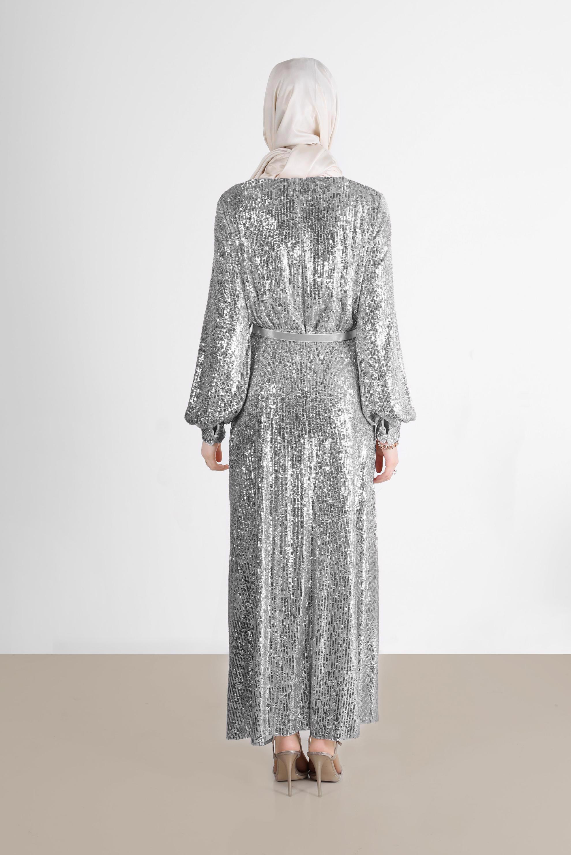 Tesettür giyim GRİ FİYONK DETAYLI PUL PAYET ABİYE 50232 