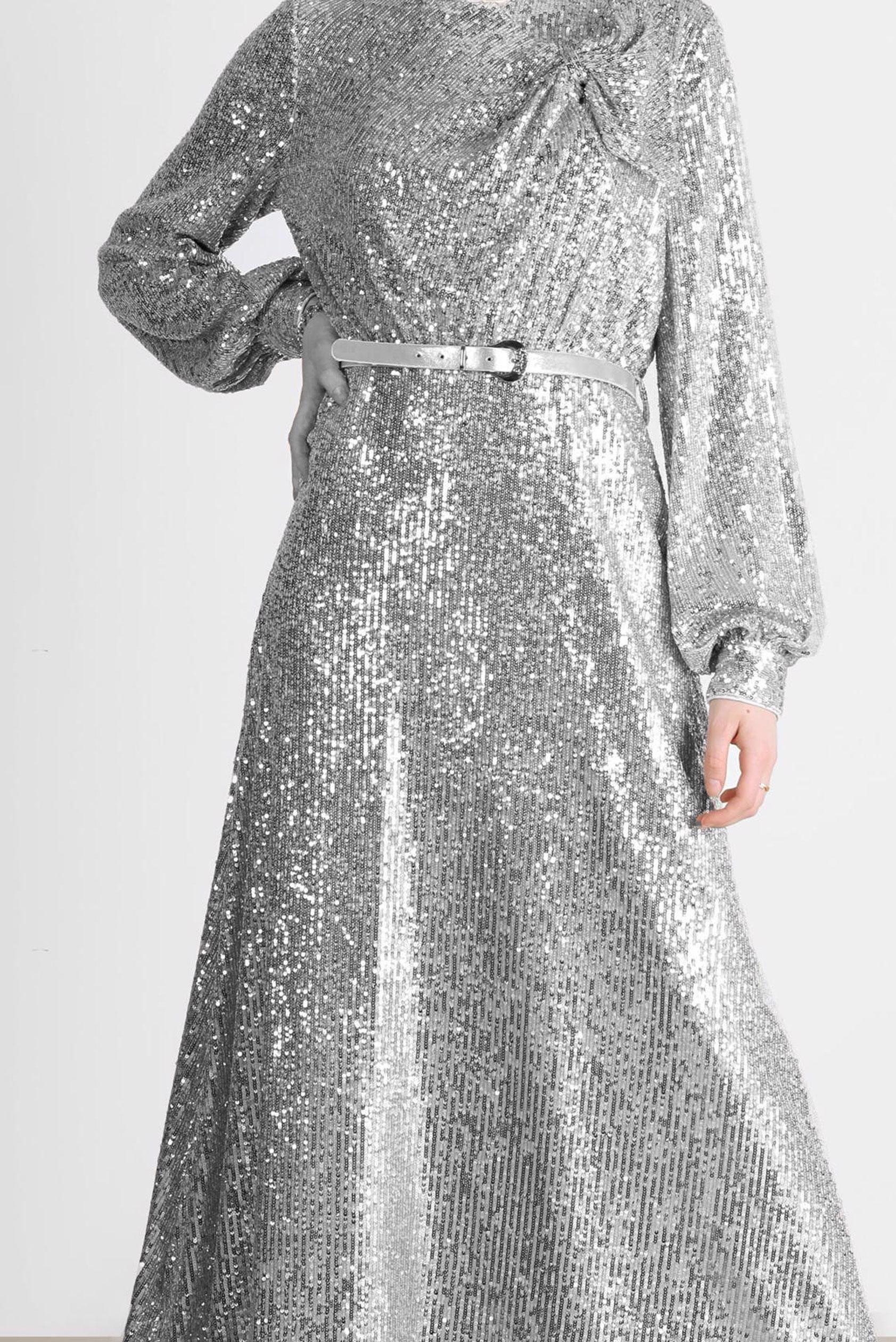 Tesettür giyim GRİ FİYONK DETAYLI PUL PAYET ABİYE 50232 