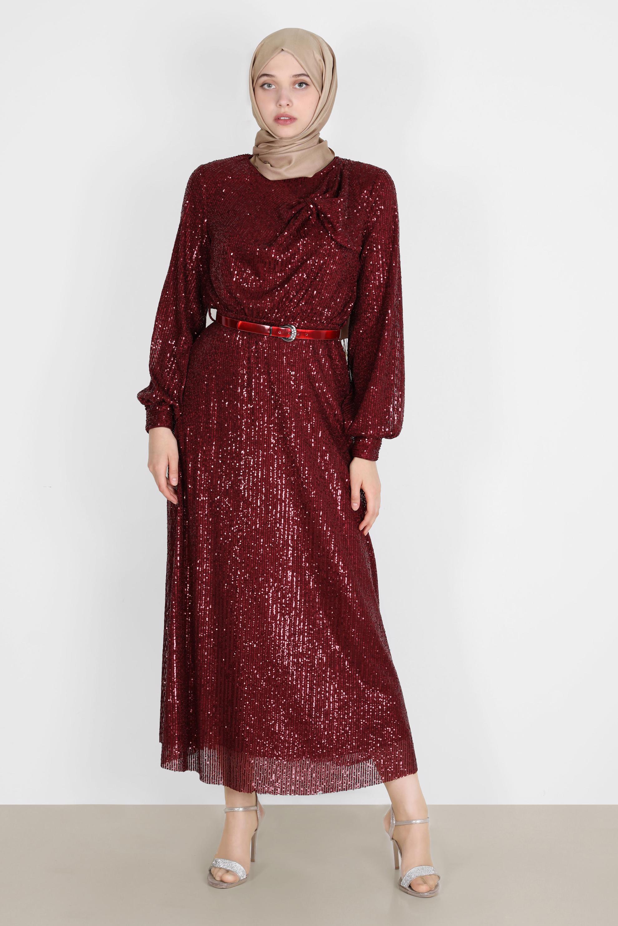 Tesettür giyim BORDO FİYONK DETAYLI PUL PAYET ABİYE 50232 