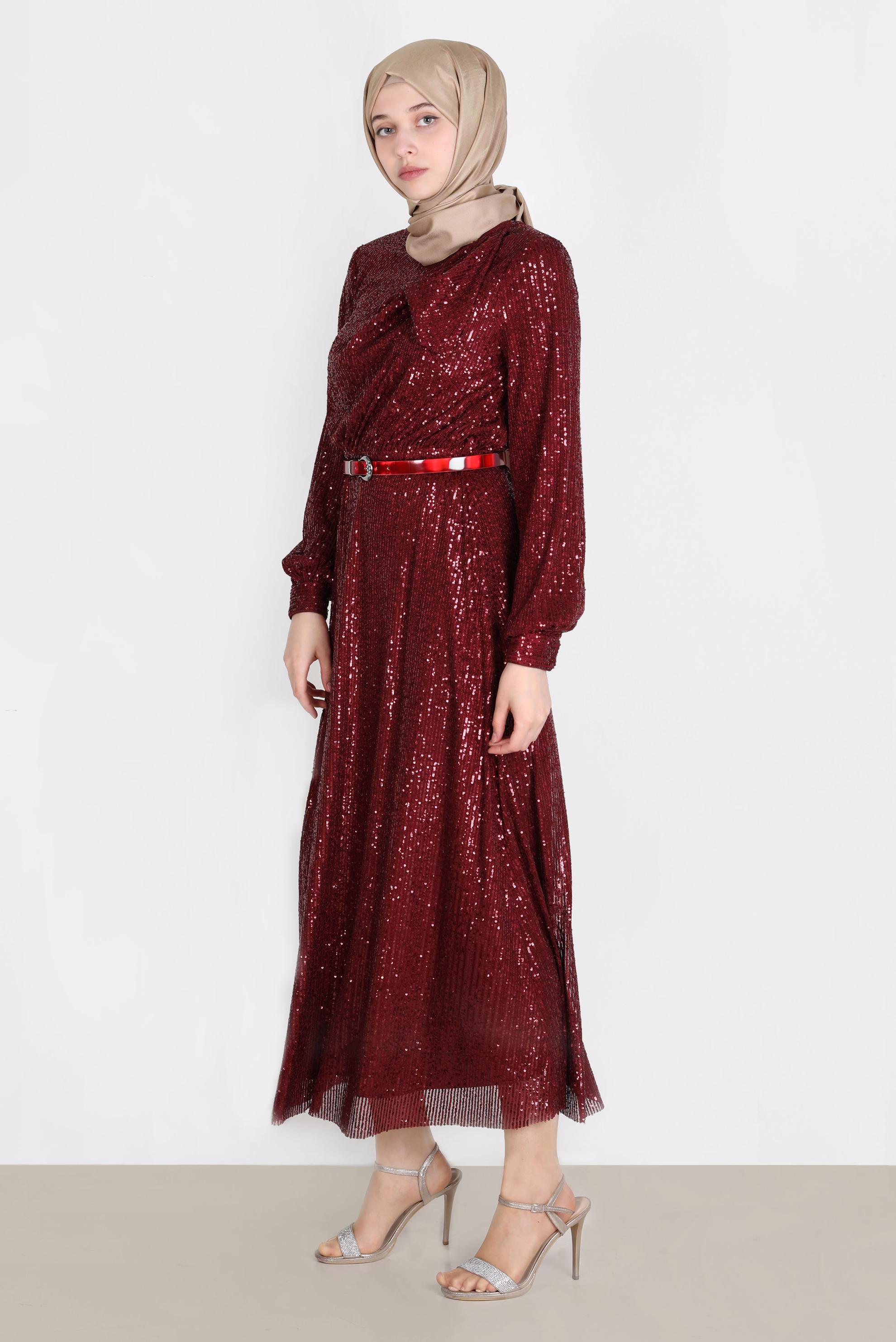 Tesettür giyim BORDO FİYONK DETAYLI PUL PAYET ABİYE 50232 