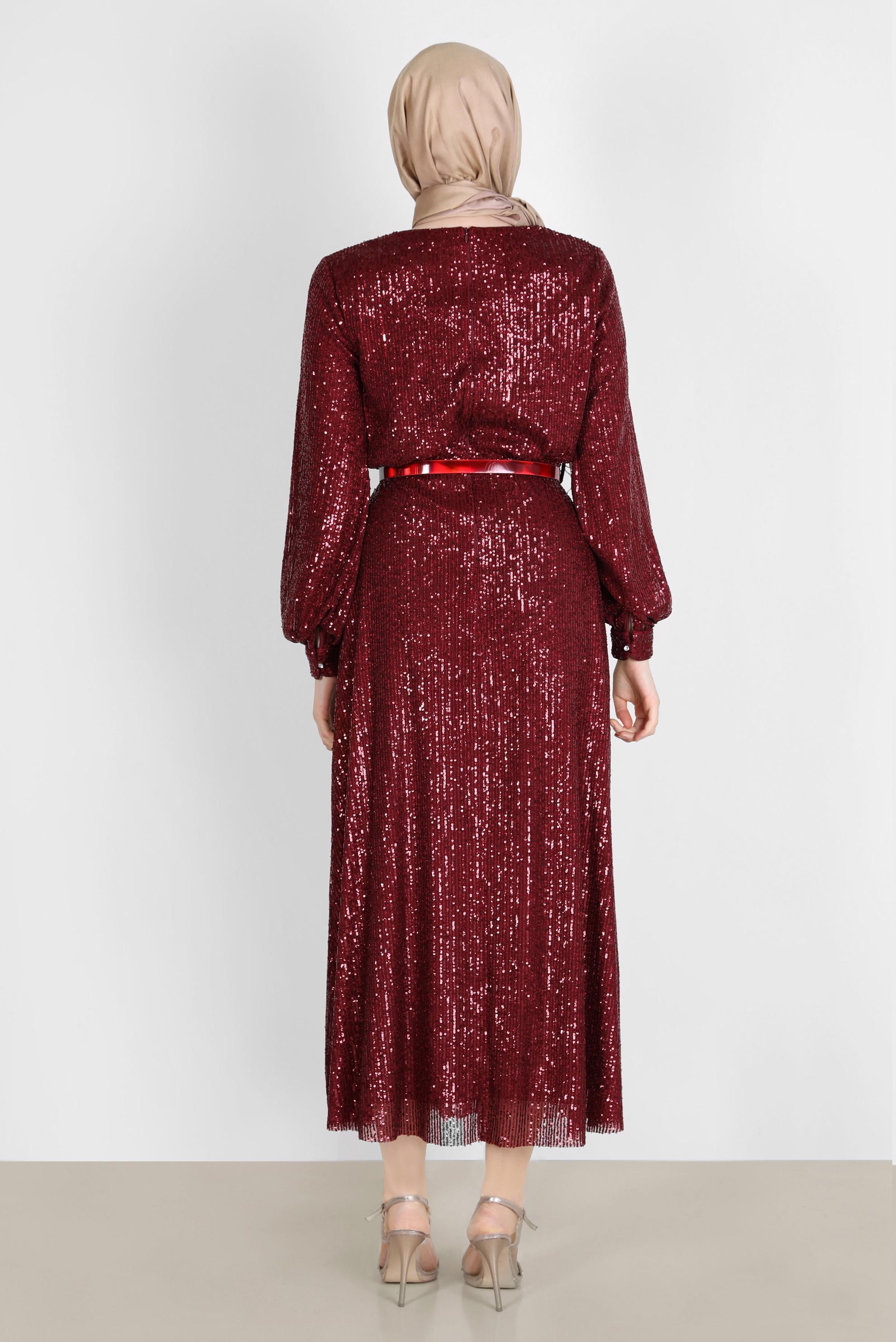 Tesettür giyim BORDO FİYONK DETAYLI PUL PAYET ABİYE 50232 