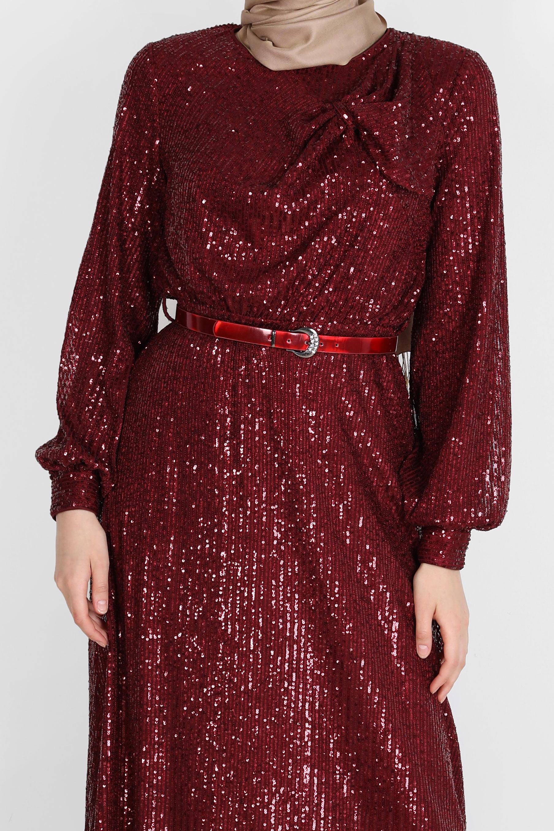 Tesettür giyim BORDO FİYONK DETAYLI PUL PAYET ABİYE 50232 