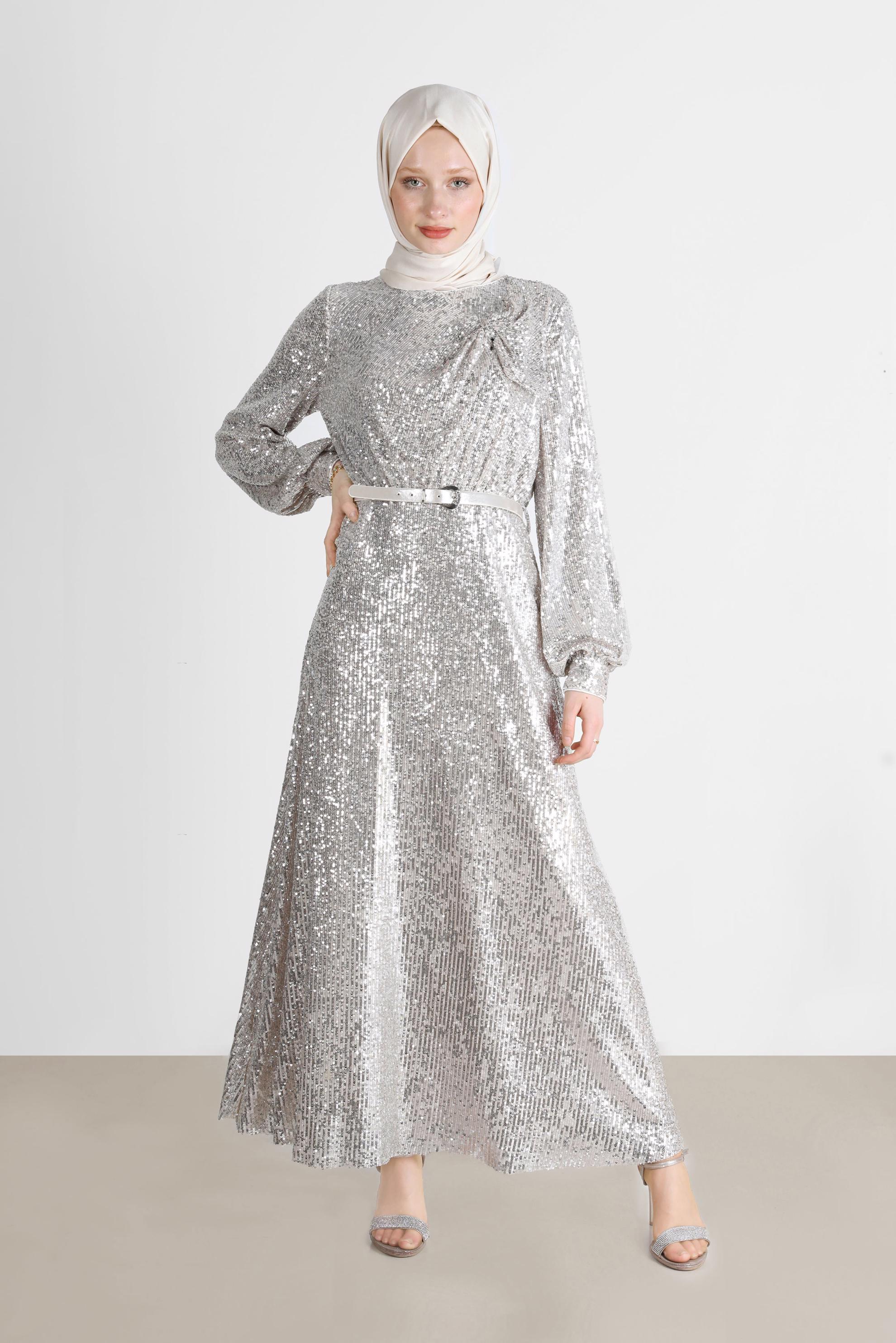 Tesettür giyim EKRU FİYONK DETAYLI PUL PAYET ABİYE 50232 