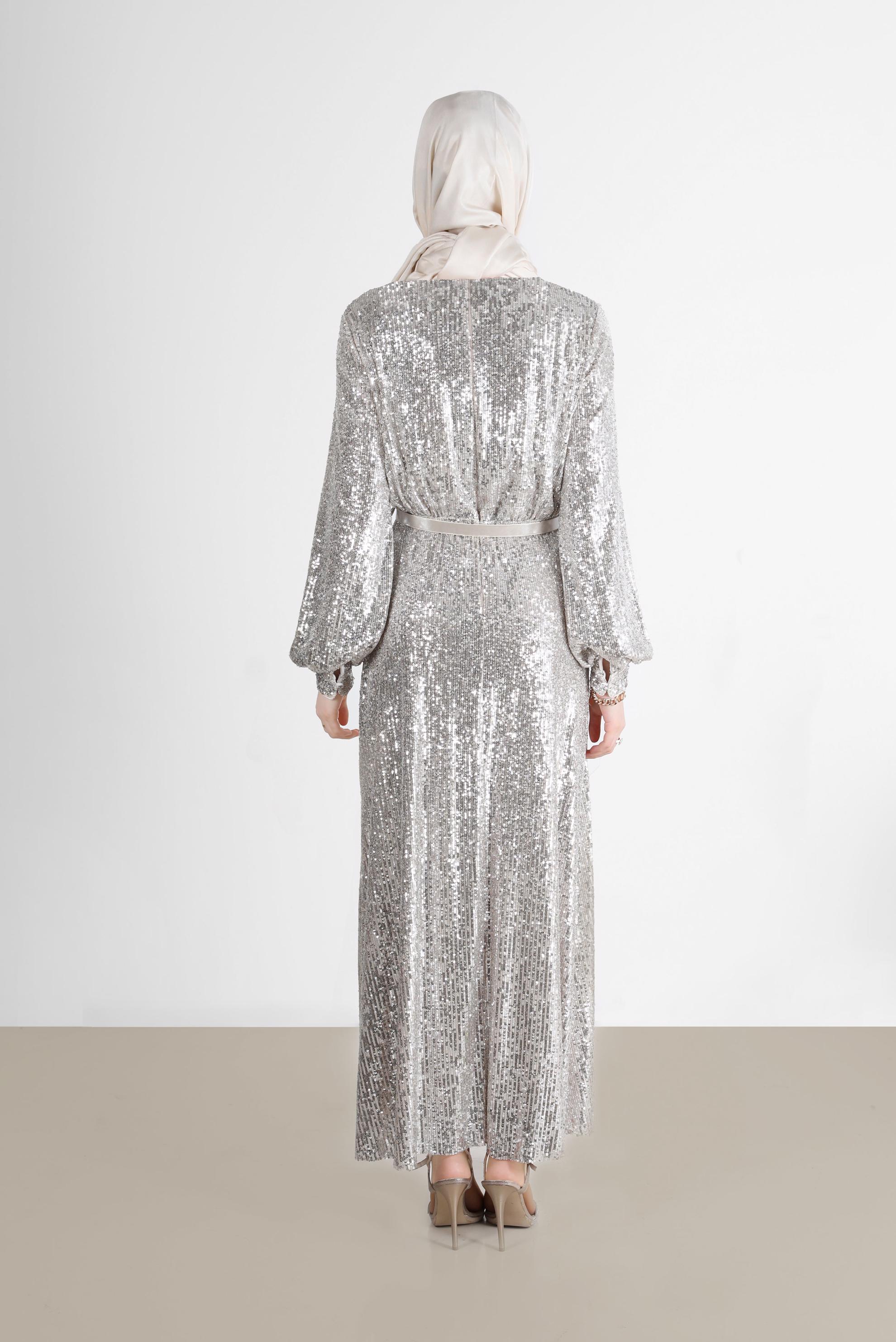 Tesettür giyim EKRU FİYONK DETAYLI PUL PAYET ABİYE 50232 